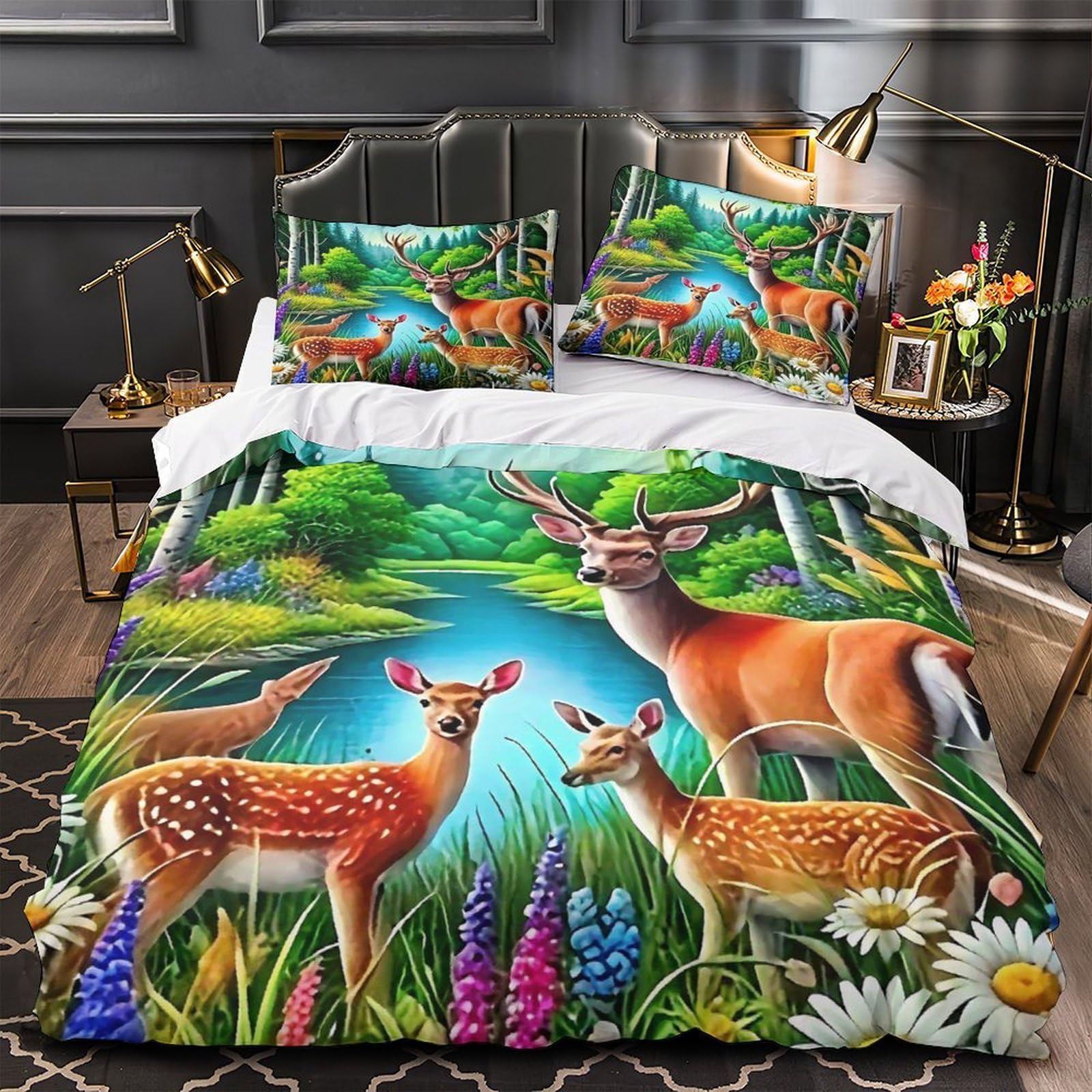 Housse de couette cerf sur le lac pour chambre de garçon et fille grand lit Super King
