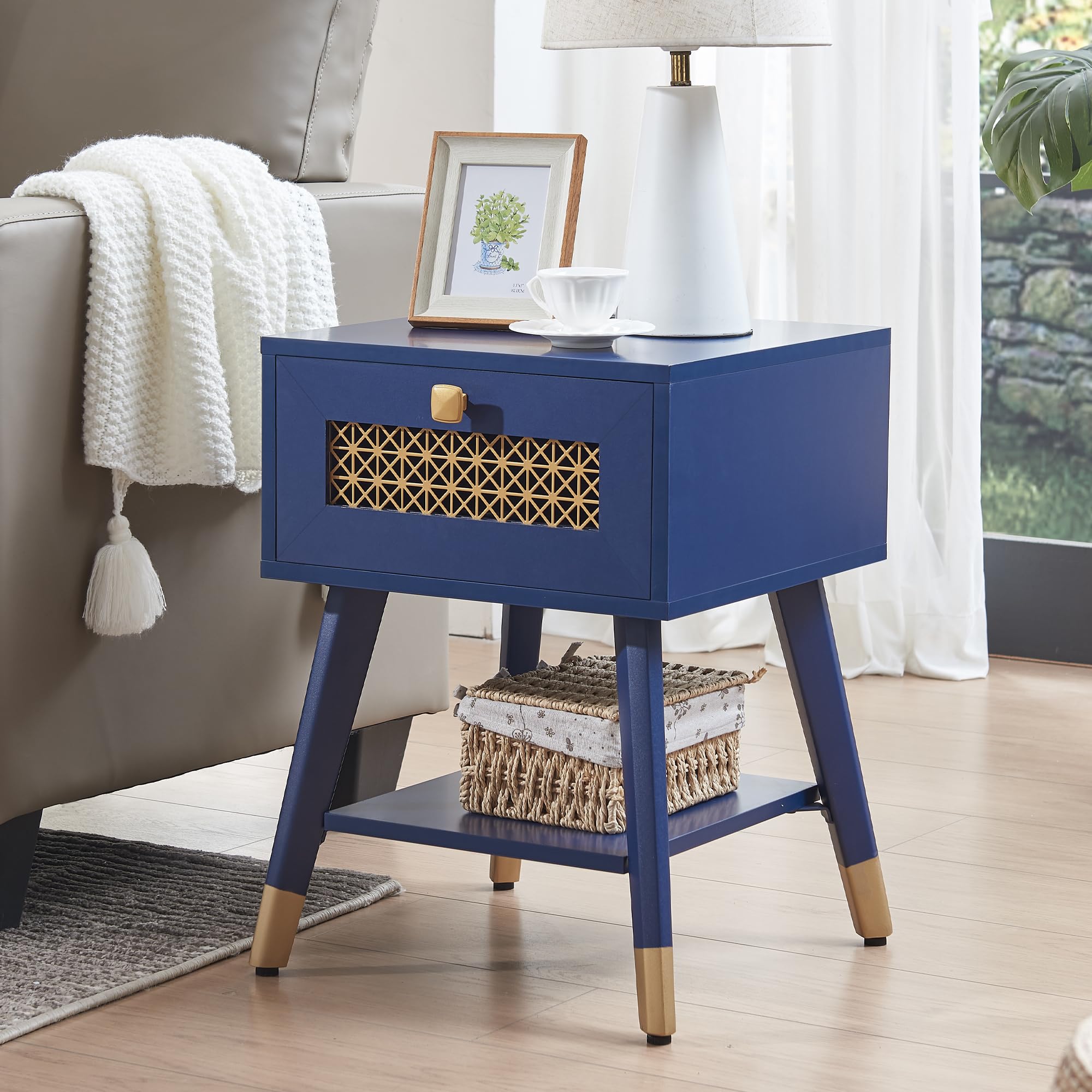 Mid Century Modern End Table for Living Room, Small Side Tables with Charging Station, Outlets and USB Ports, Blue Wood Nightstand with Storage Drawer