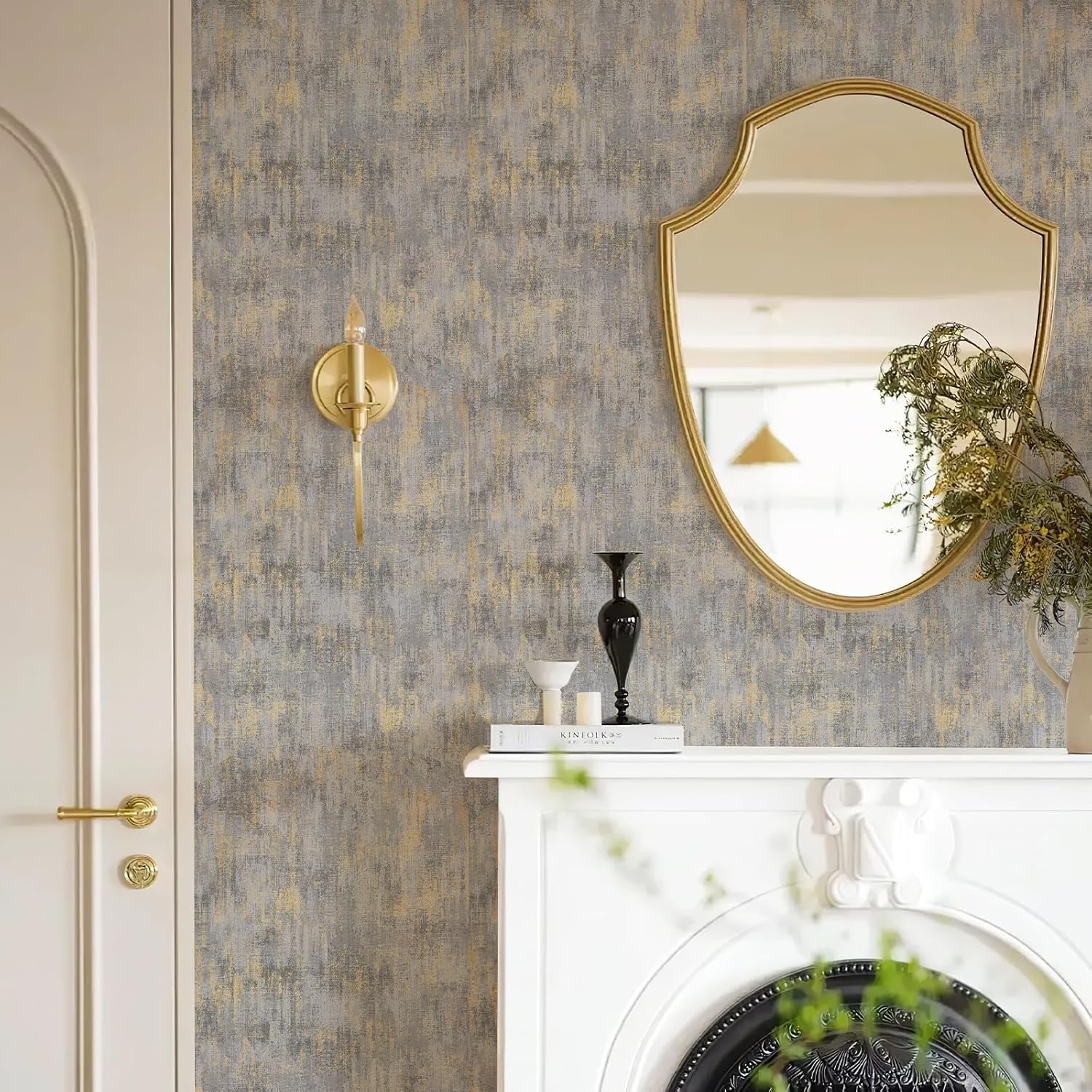 Simon&Siff Textured Wallpaper Distressed Concrete Wallpaper 17.3in x 39.4ft White/Gold/Gray Metallic Modern Wall Paper Non Woven Neutral for Bedroom Traditional Wall Paper Need Adhesive