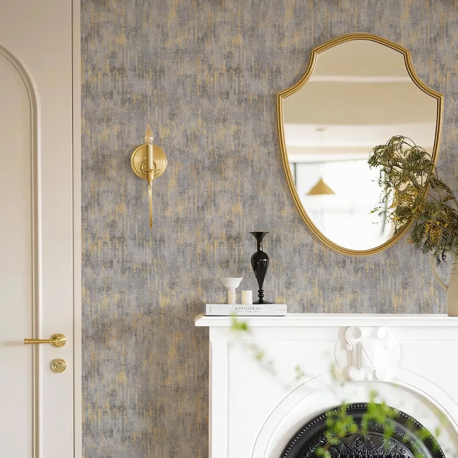 Simon&Siff Textured Wallpaper Distressed Concrete Wallpaper 17.3in x 39.4ft White/Gold/Gray Metallic Modern Wall Paper Non Woven Neutral for Bedroom Traditional Wall Paper Need Adhesive