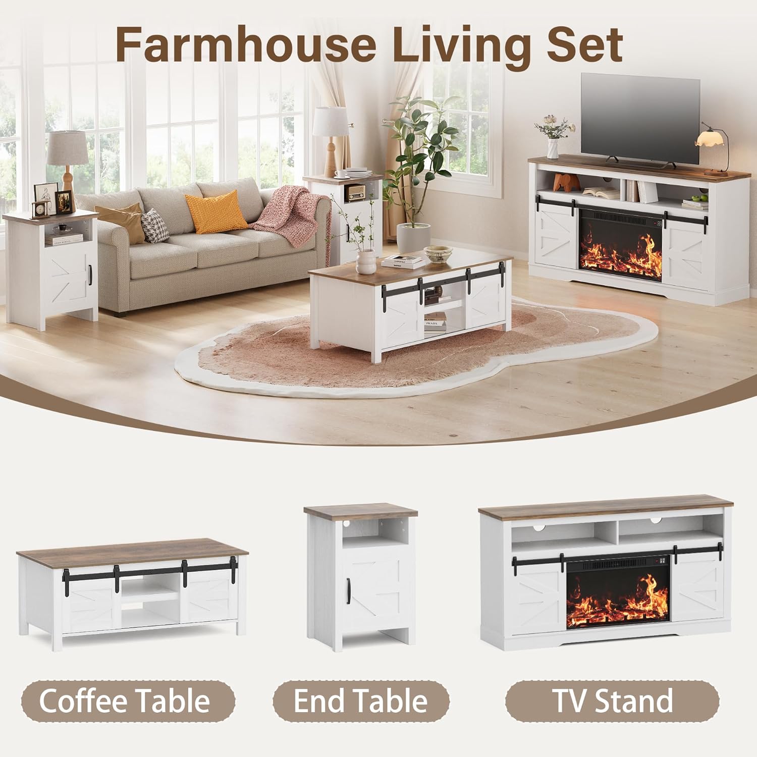 JUMMICO Farmhouse Nightstand, Modern Bedside Table with Barn Door and Shelf, Rustic End Table Side Table for Bedroom, Living Room (2, White)