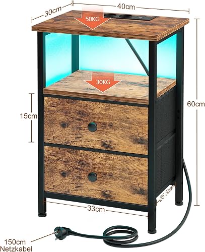 AMHANCIBLE EHETS02BR Bedside Table with Charging Station and LED Lights (Brown) Set of 2 - 6