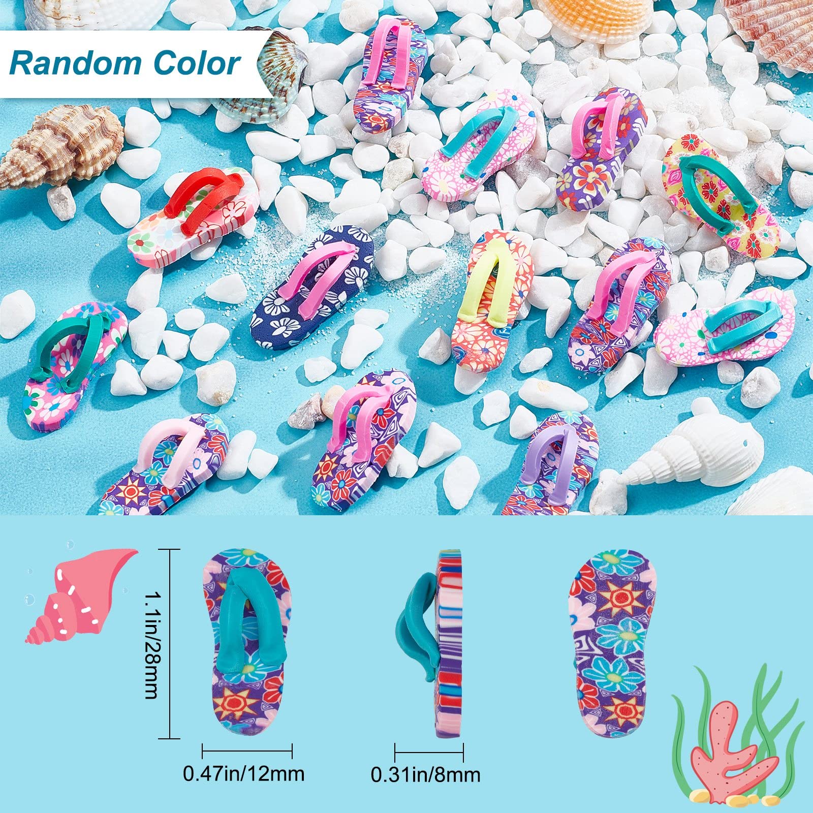 SUNNYCLUE 1 caja de 50 piezas de Abalorios de Chanclas de Arcilla Polimérica Cabujón Hecho A Mano Flor Impresa Zapatilla Adorno Cabujones de Espalda Plana En Miniatura Chanclas para Manualidades Joyer