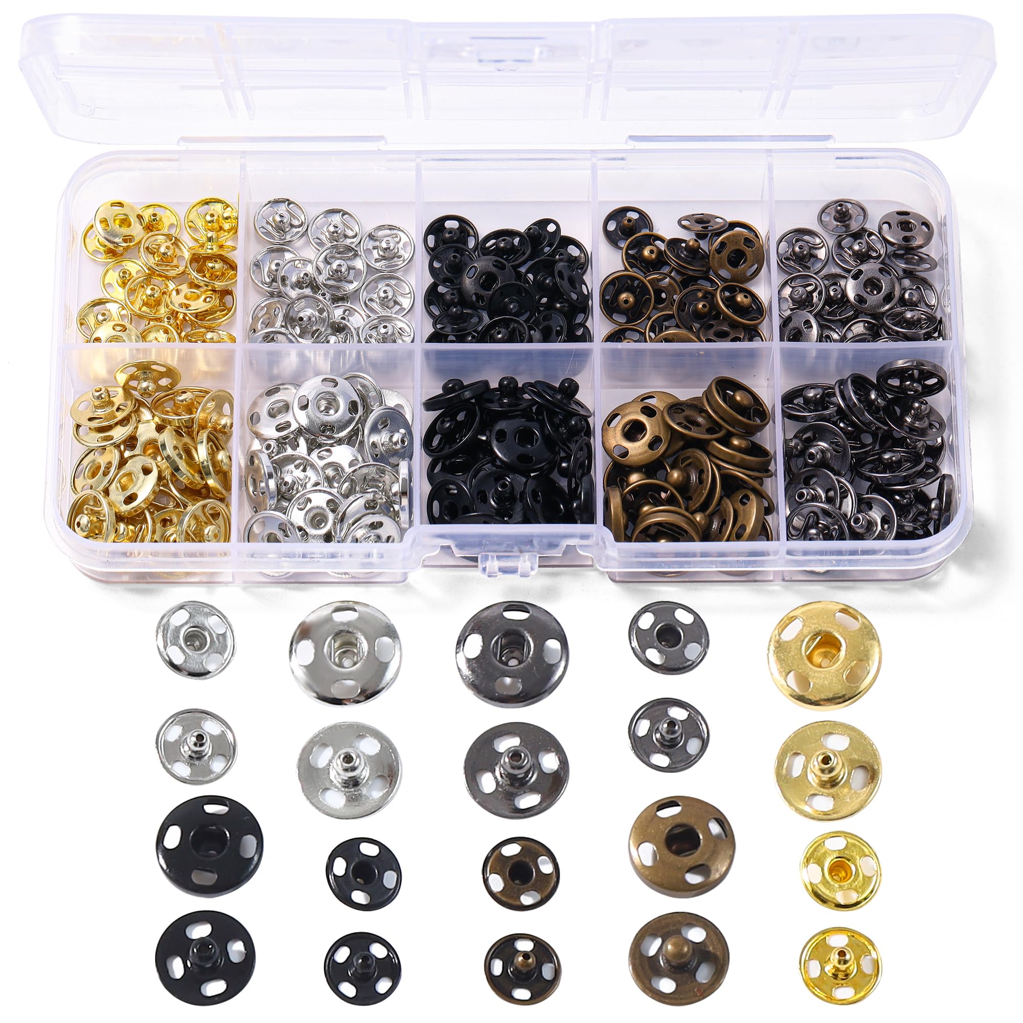 Scaups 200 Sets Snaps for Fabric, 8mm and 10mm Fabric Snaps, 5 Colors Snap Buttons for Clothes, Suitable for Sewing
