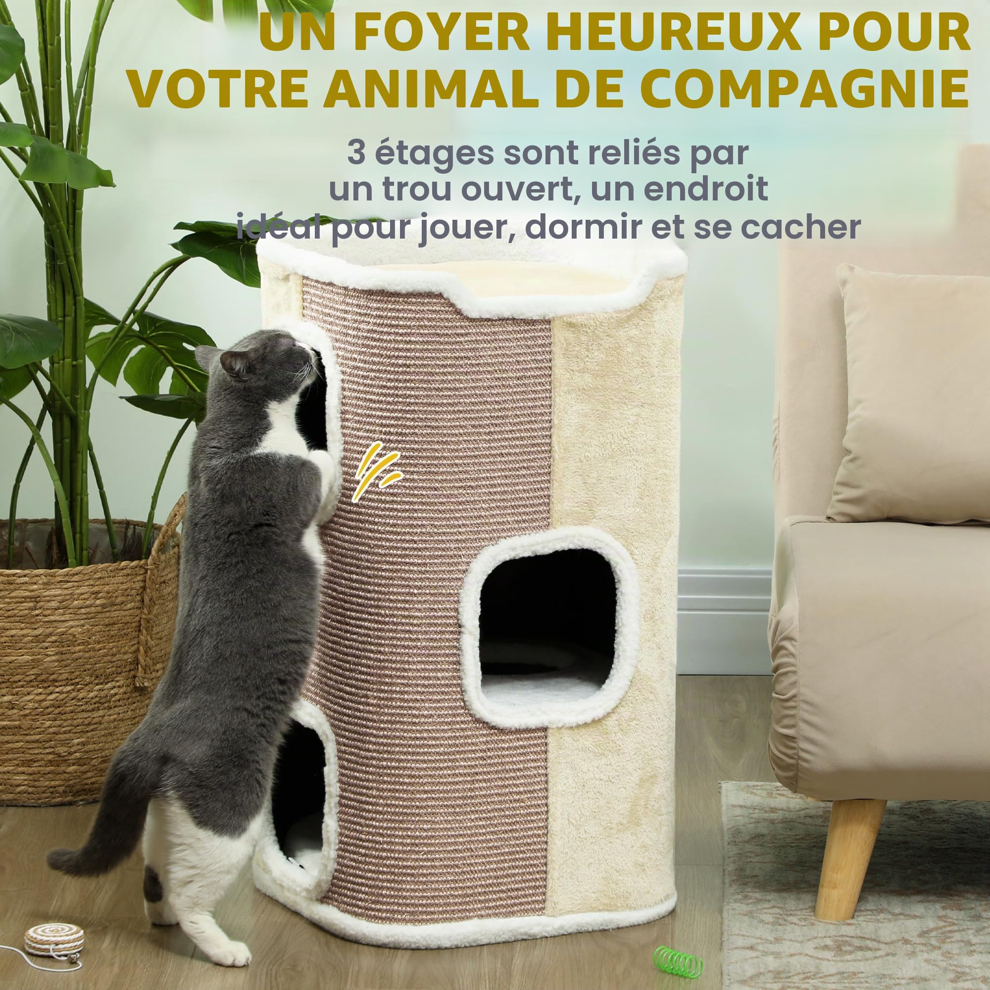 PawHut Tonneau à chat à trois étages de 74 cm de haut avec coussin, bord en peluche, grotte pour petits chats, beige + blanc