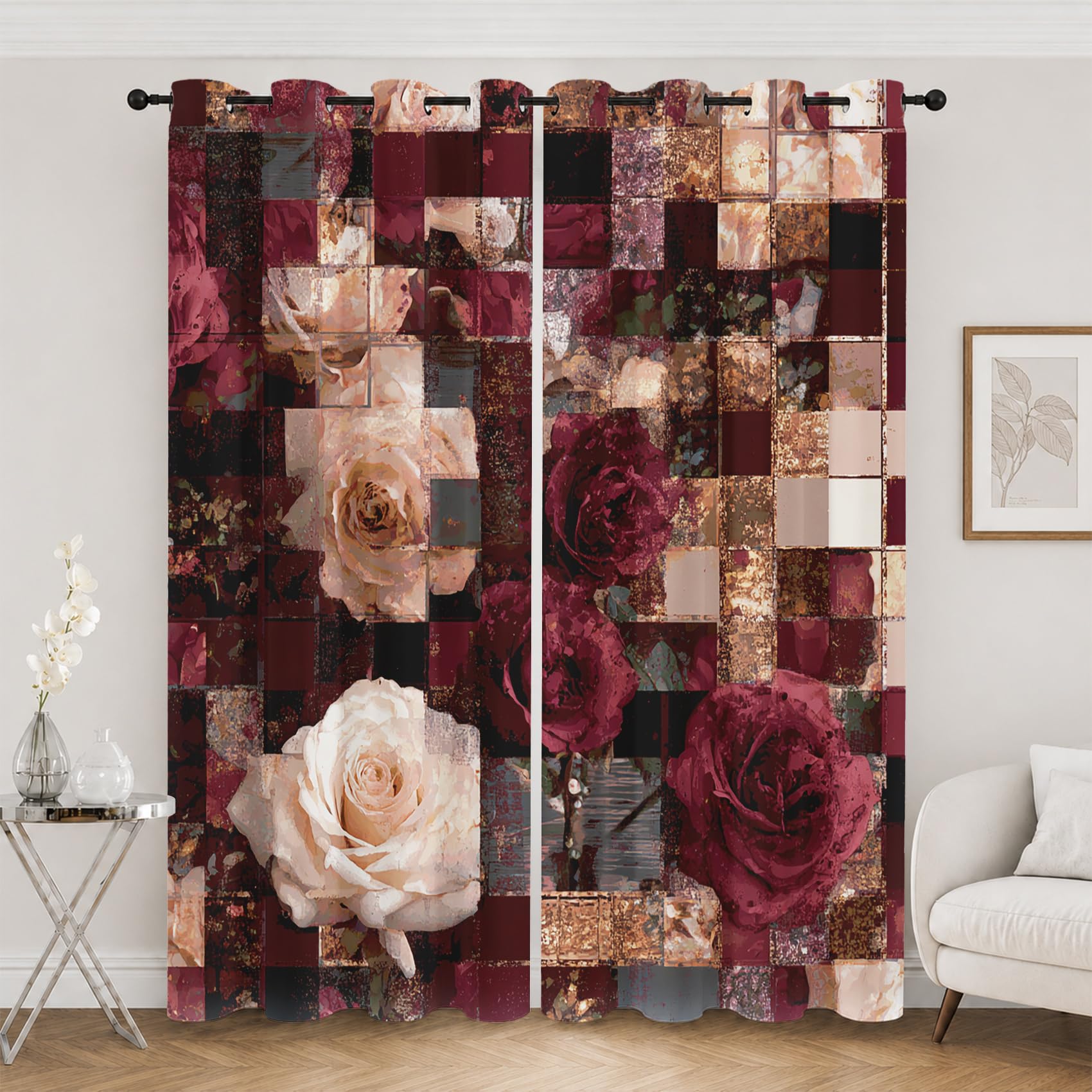 Rideau opaque isolant thermique motif patchwork rose rouge pour salon