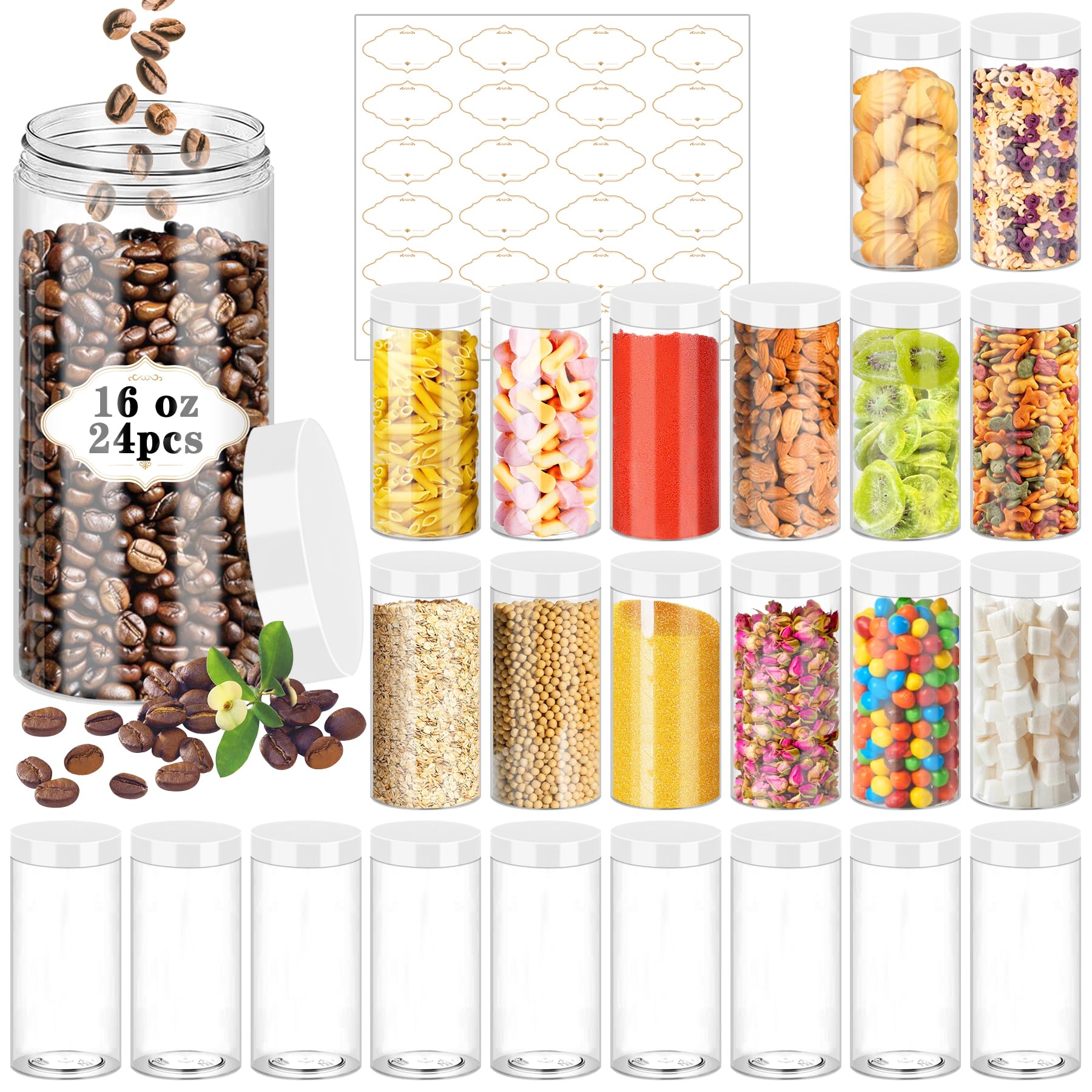 PeacePeo Plastic Jars with Lids 16 OZ, 24 Pack Clear Empty Jars