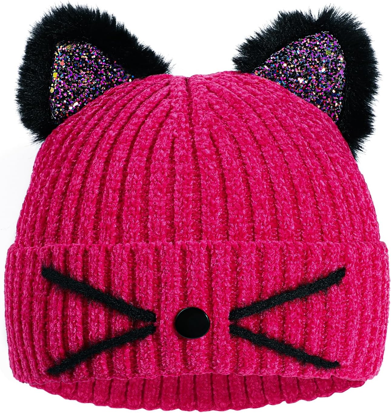 Girls Sequin Cat Ears Hats Cute Winter Beanies Hat for Outdoor Snow Ski Warm Knit Caps (Age 7-15)