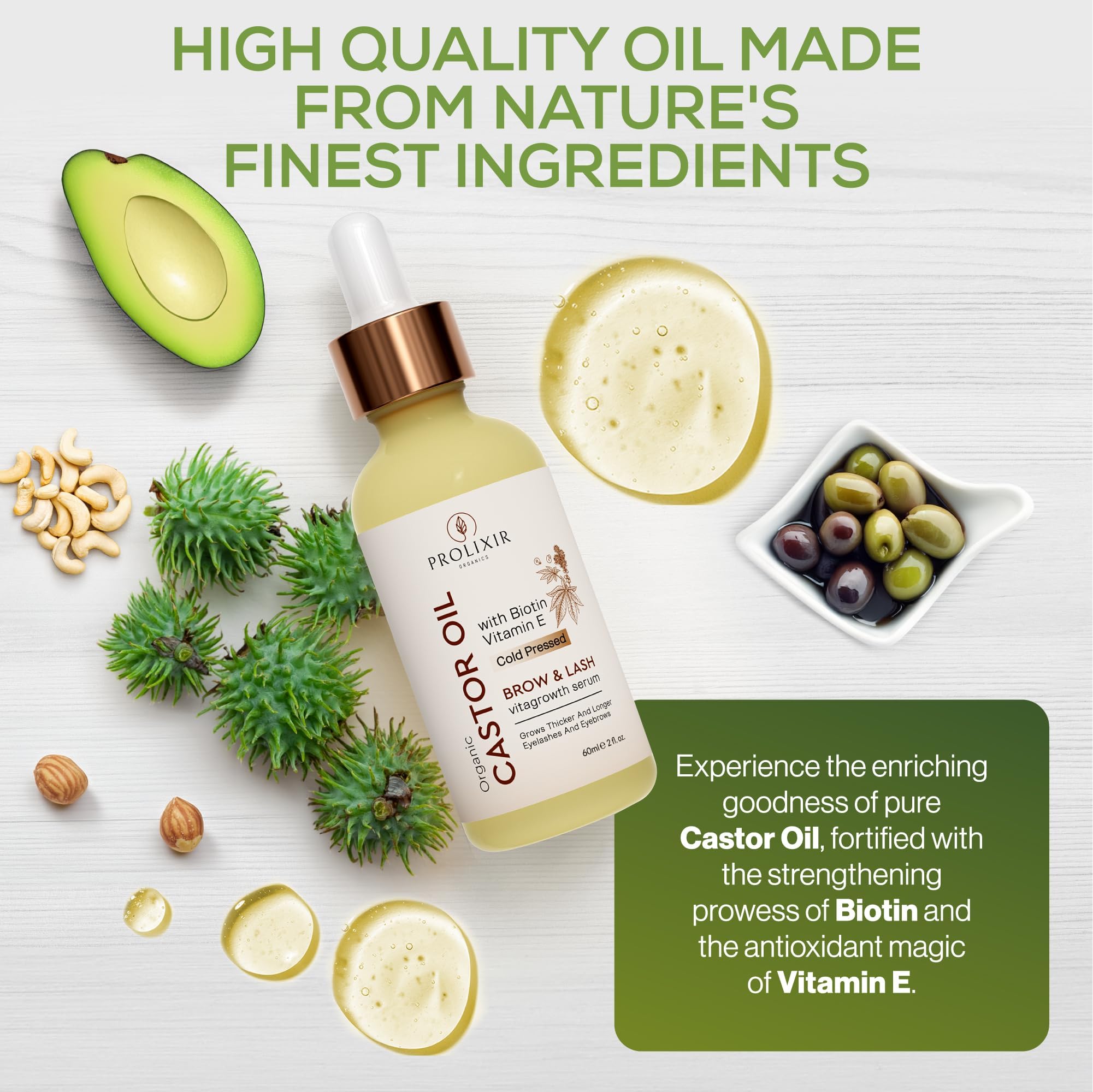 PROLIXIR Organic Castor Oil 60mls with Biotin & Vitamin E, Growth Serum for Eyebrows Eyelashes, Hair, Nails & Skin - Image 3