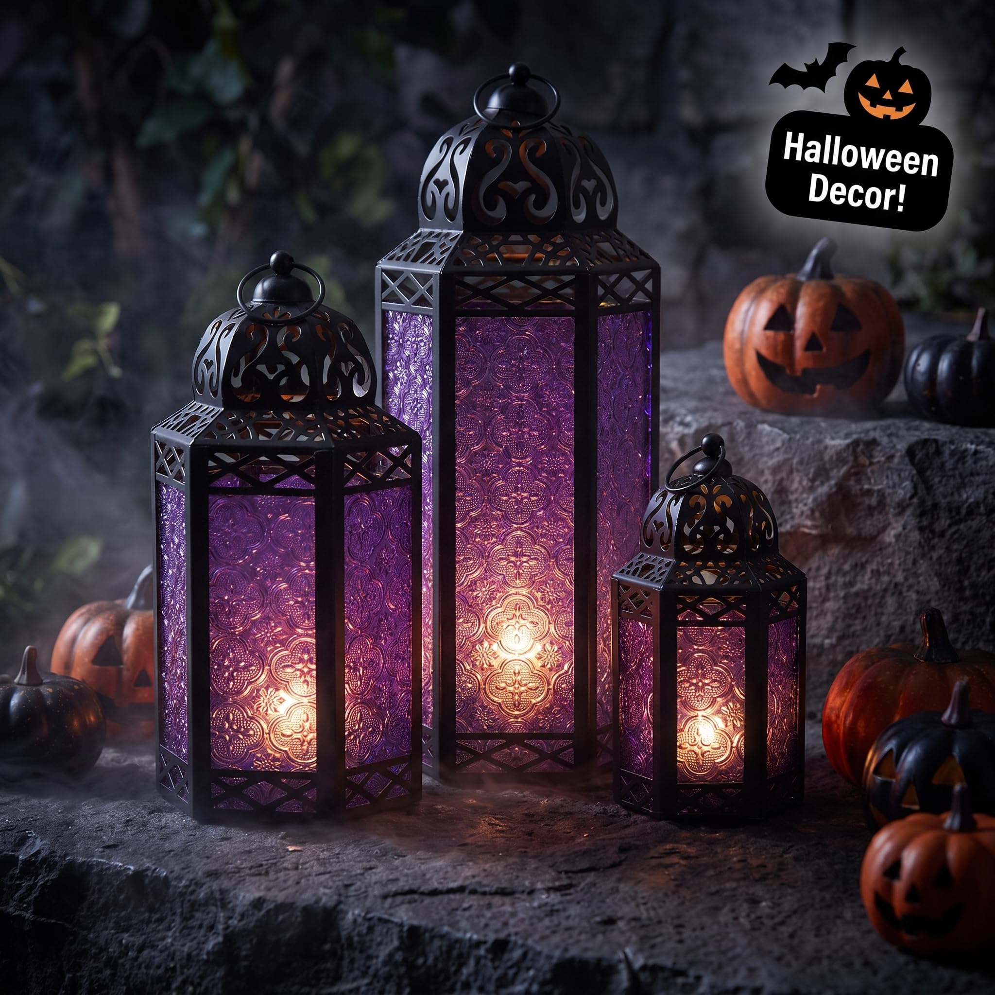Vela Lanterns Zestaw 3 lampionów marokańskie świeczniki dekoracyjne na podłogę Ramadan dekoracja wnętrz dekoracja domu na zewnątrz patio ganek Halloween ślub fioletowy kolor