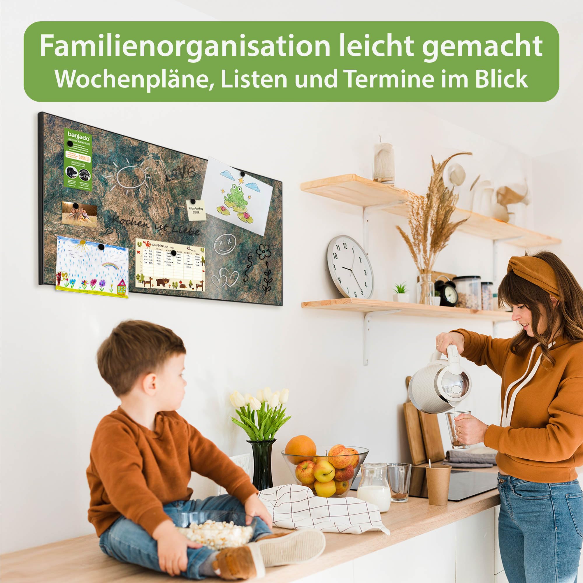 banjado Magnettafel Metall 78 x 37cm - beschreibbare Magnettafel - Metall Pinnwand als Memoboard - Magnetwand Küche, Büro, Kinderzimmer Schwarz inkl. 4 Magnete & Montageset - Motiv Kupfer Patina