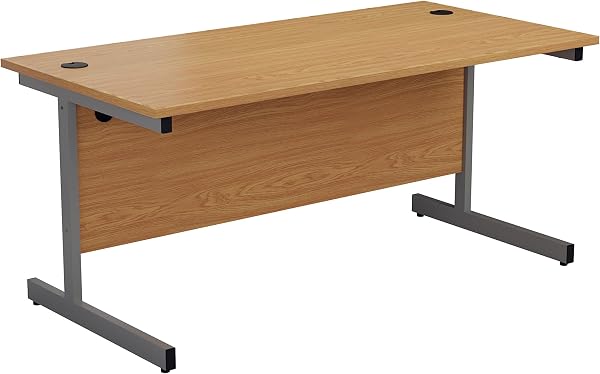 Office Hippo Heavy Duty Rectangular Cantilever Desk - Home Office Table + Integrated Cable Ports, PC Desk - 5 Yr Warranty - Silver Frame/Oak Top, 120cm x 80cm - 1
