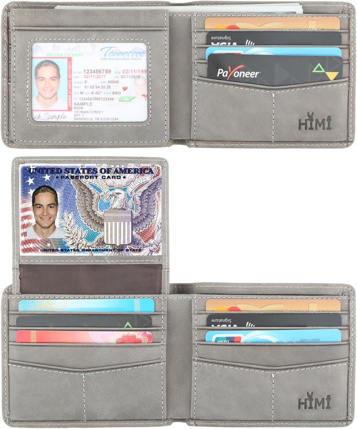 HIMI Men's Black Leather RFID Protected Bi-Fold Wallet with 10 Card Slots, 2 ID Windows, 2 Currency Pockets, Minimalist Design