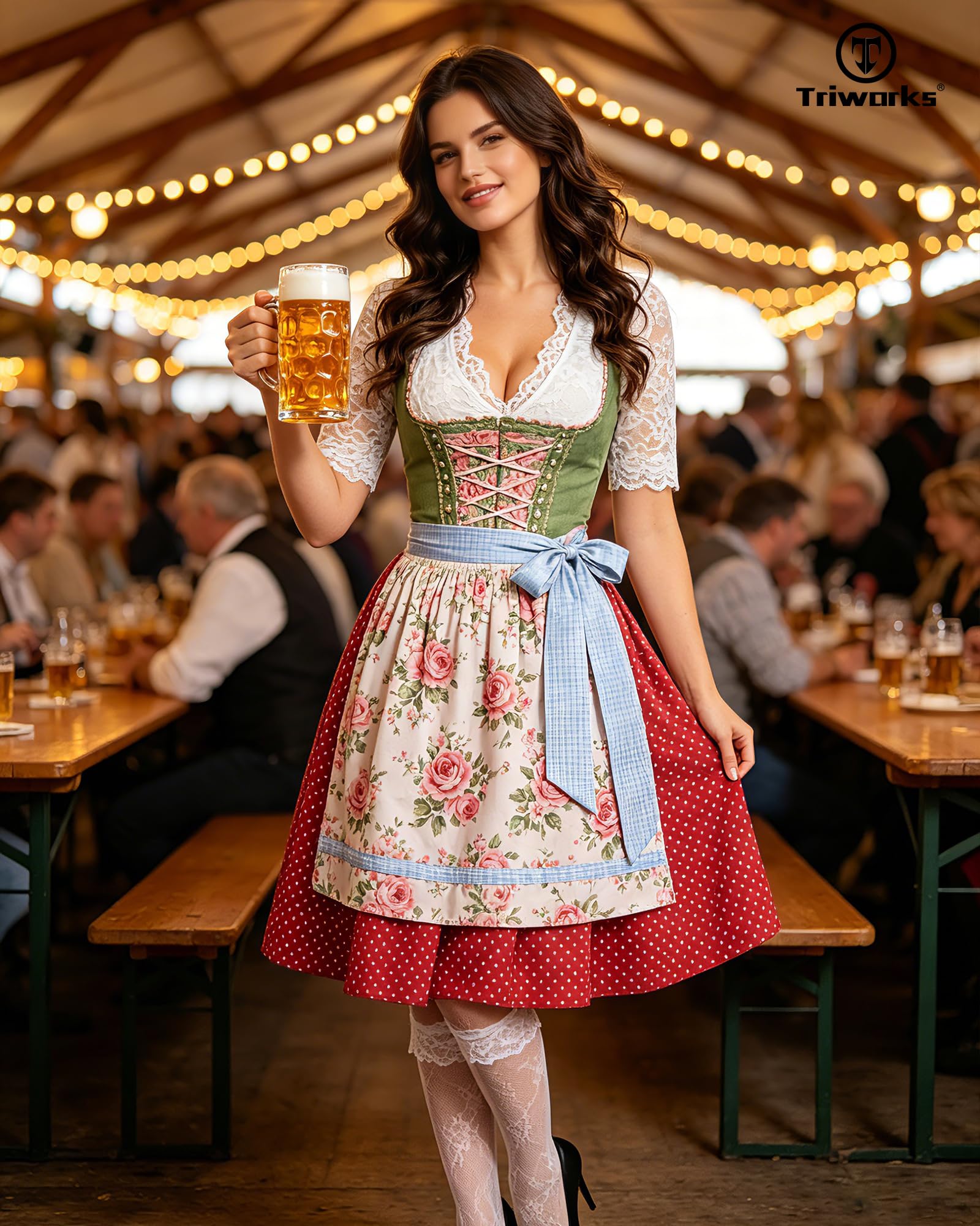 TRIWORKS Dirndl Bluse Damen Oktoberfest Trachtenbluse Damen Elegant V-Ausschnitt Dirndlbluse Spitze Weiß S-XXL