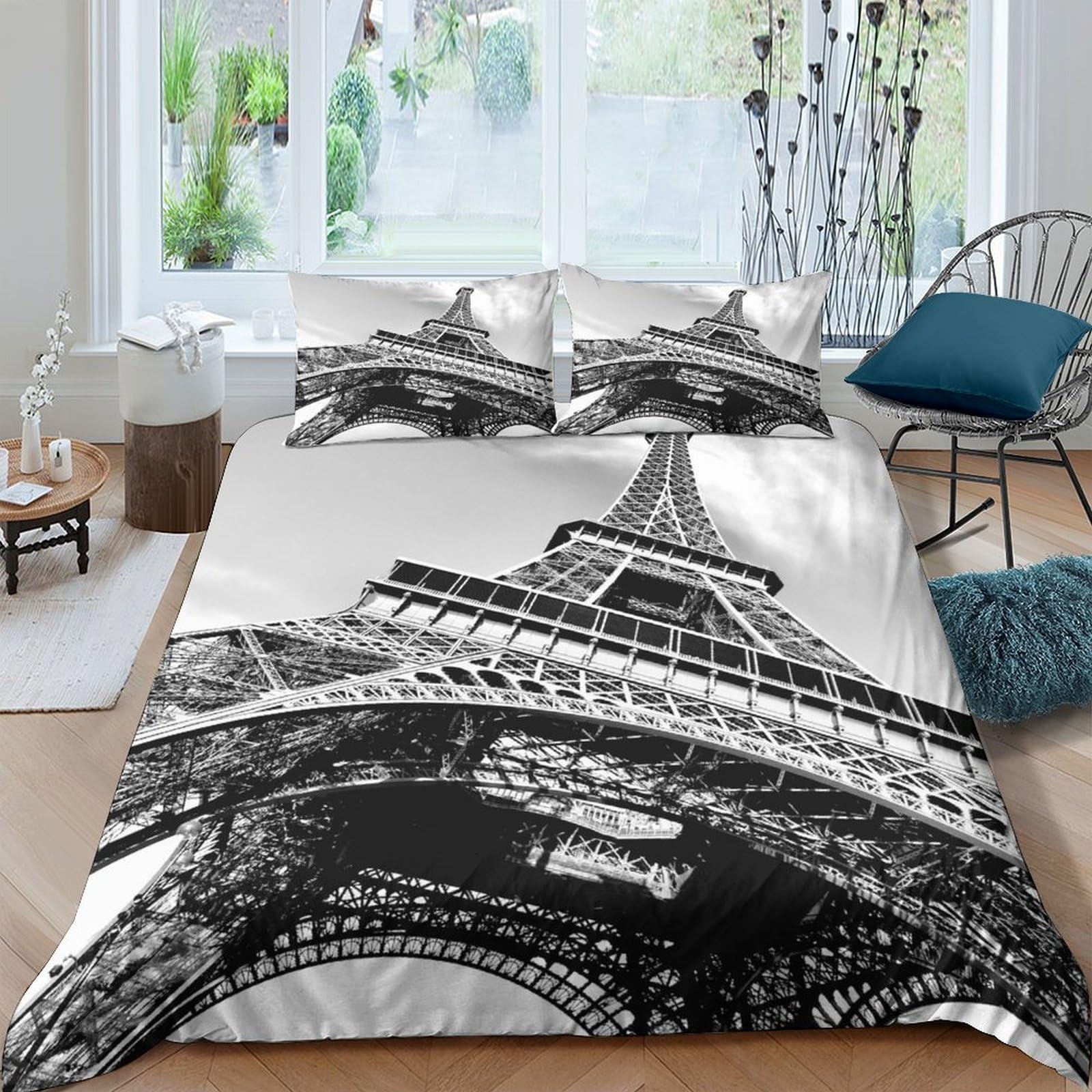 Ctjqhvkz Style-10 3D Printed Eiffel Tower Fitted Sheet Microfiber Black White Paris Landmark Bed Cover For Bedroom Living Room Decor Single（135X200cm）
