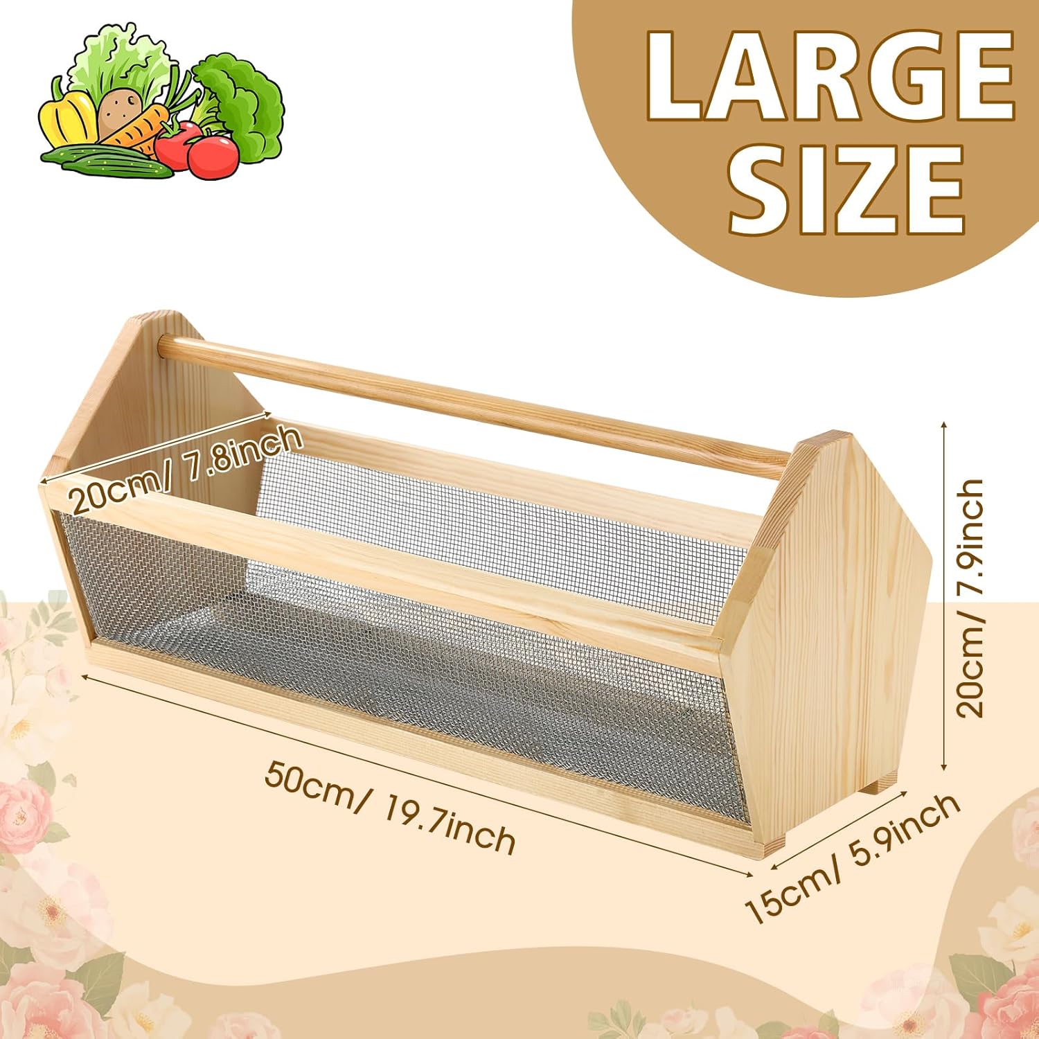 Garden Hod Harvest Basket Women Garden Harvesting Basket 20 x 6 x 8 Inch Pine and Metal Mesh Gardening Hod with Handle for Vegetable Fruit Gathering Supply Spring Gift for Mother Gardener