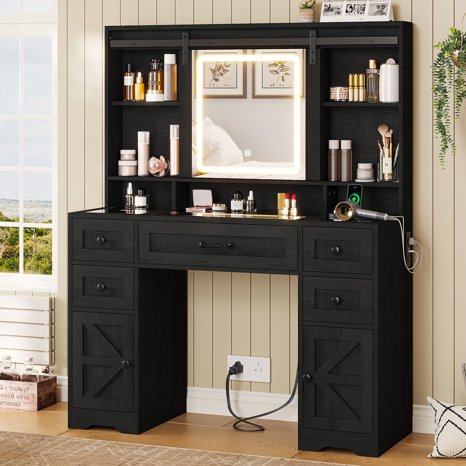 BTHFST Farmhouse Makeup Vanity with Lights & Sliding Mirror, Glass Top Vanity Desk with Charging Station, Large Makeup Table with 5 Drawers & Shelves & Cabinets, Wood-Grain Black