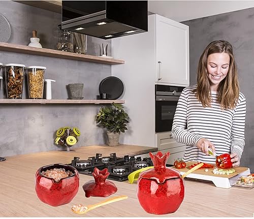 Miniatura 3 de Caja de sal para bodega, 2 unidades, recipiente de sal, cerdo, rojo, salero, con tapa, cuchara de cerámica, granada en forma de granada