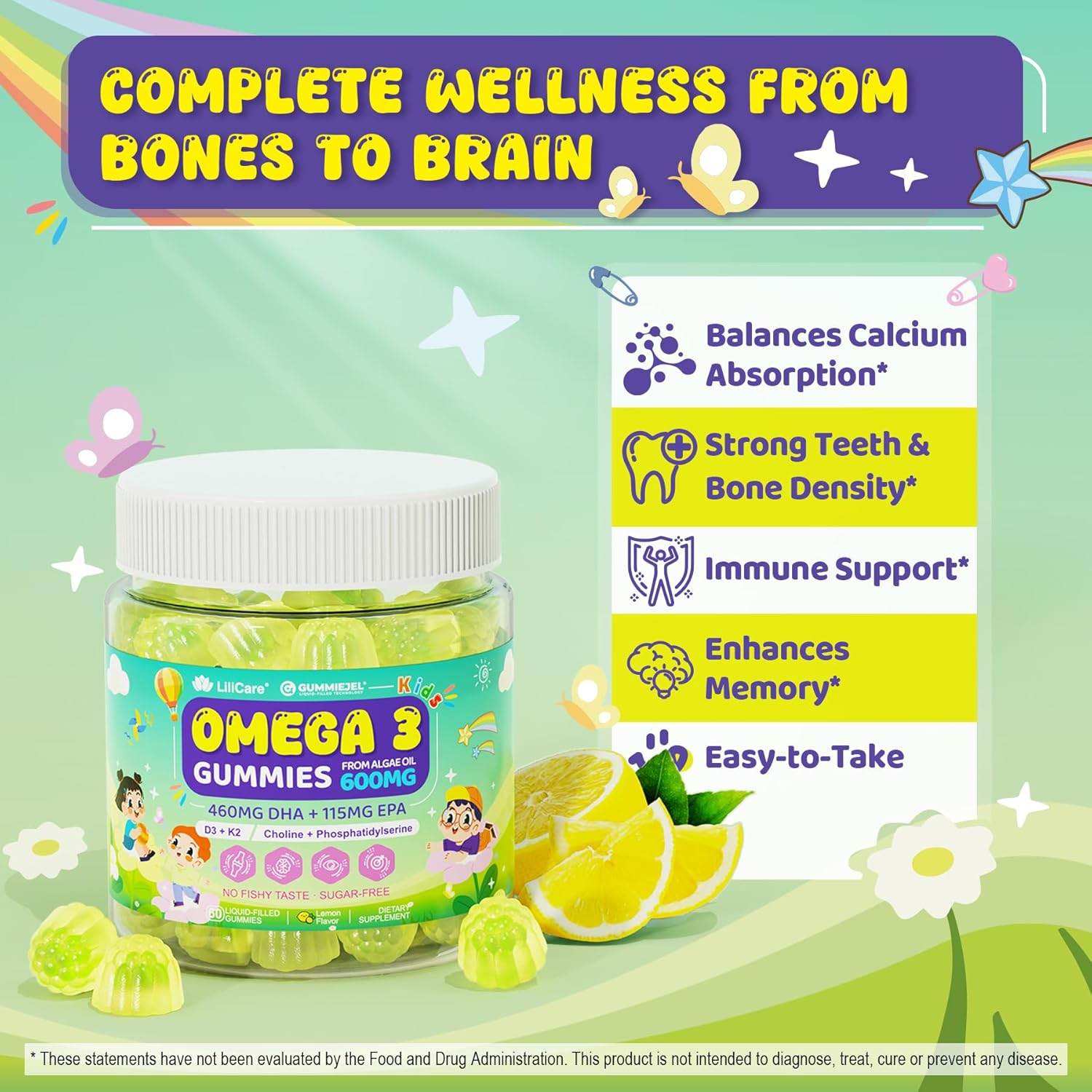 Kids Omega-3 Gummies for 4+, Algae Oil DHA & EPA with Vitamin D3 K2, Choline & PS, Vegan Fish Oil Supplements for Brain, Bone, Cognitive & Immune Health, No Fish Taste, SugarFree, Lemon Flavor, 120Cts