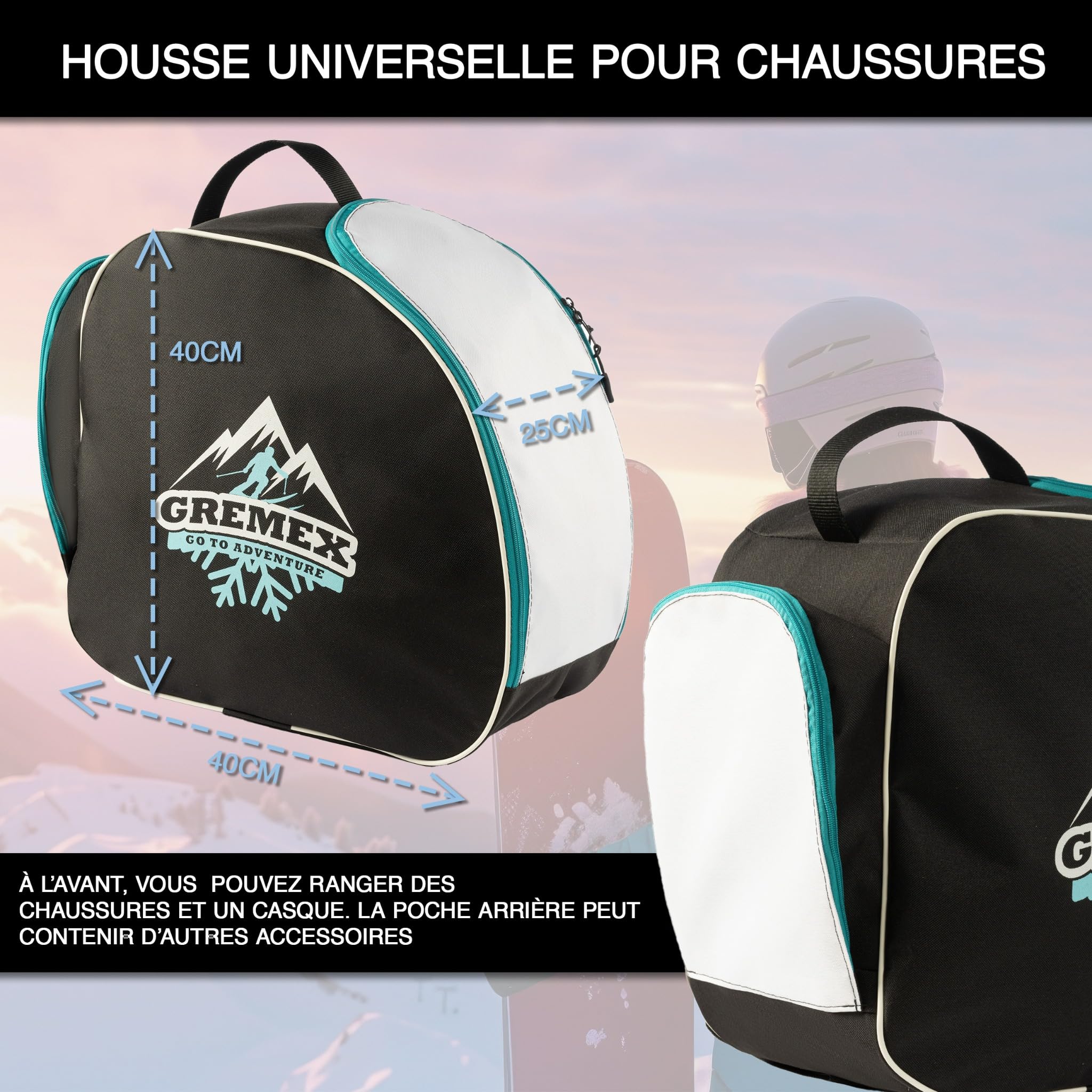 Set Sac de Ski et Sac pour Chaussures - Sac de Ski Robuste - Set Housse de Ski - Sac imperméable pour Chaussures de Ski avec Casque - Housse de Ski pour 1 Paire de Skis - Accessoires de Ski