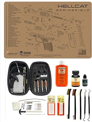 EDOG Range Warrior 27 Pc Gun Cleaning Kit - Compatible with Springfield Armory Hellcat - Tan - Schematic (Exploded View) Mat, Range Warrior Universal .22 9mm - .45 Kit & Tac Book Accessories Set