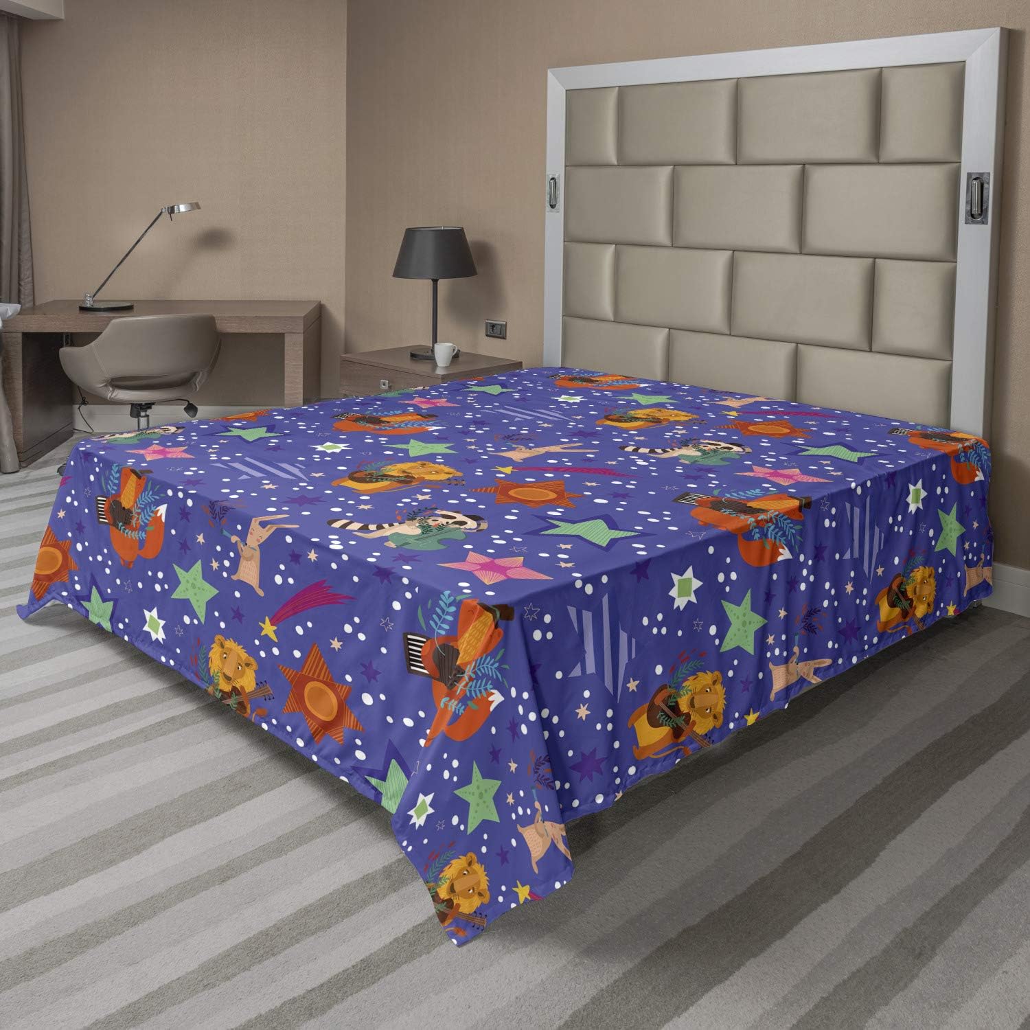 Ambesonne Animal Flat Sheet, Funny Cartoon Zoo Star Lion Racoon Rabbit Fox Orchestra Musician, Soft and Comfortable Top Sheet Decorative Bedding 1 Piece, Full Size, Blue Violet and Multicolor