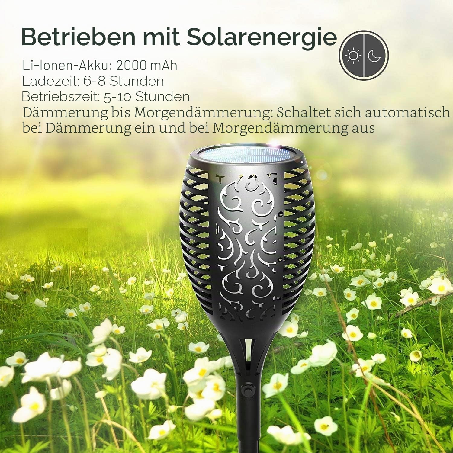 FLOWood Solarleuchten für Außen Garten 2 Stück, 96LED Solarfackeln 110cm Höhe, IP65 Wasserdicht, Automatische Ein/Aus