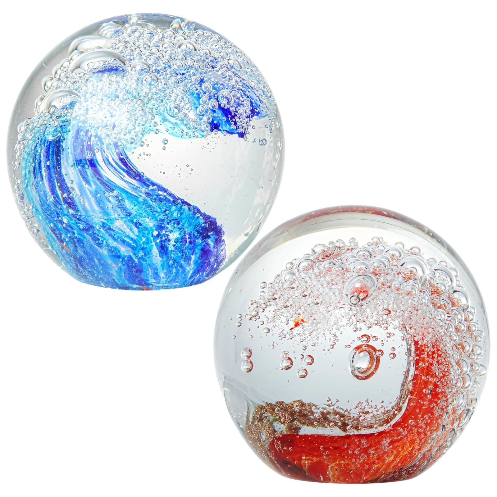 Fermacarte in vetro soffiato a mano, globi decorativi in vetro a onde oceaniche per la decorazione della casa e dell'ufficio, set di 2 pezzi, colore blu lago e arancione