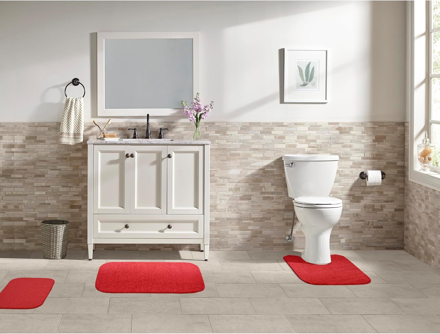 Garland Rug Gramercy Washable Bath Rug – Soft, Plush, Absorbent, Quick-Dry, Durable, 3 Piece Rug Set (Contour Rug, 17"X24", 20"X34" Bath Rugs), Classic Red