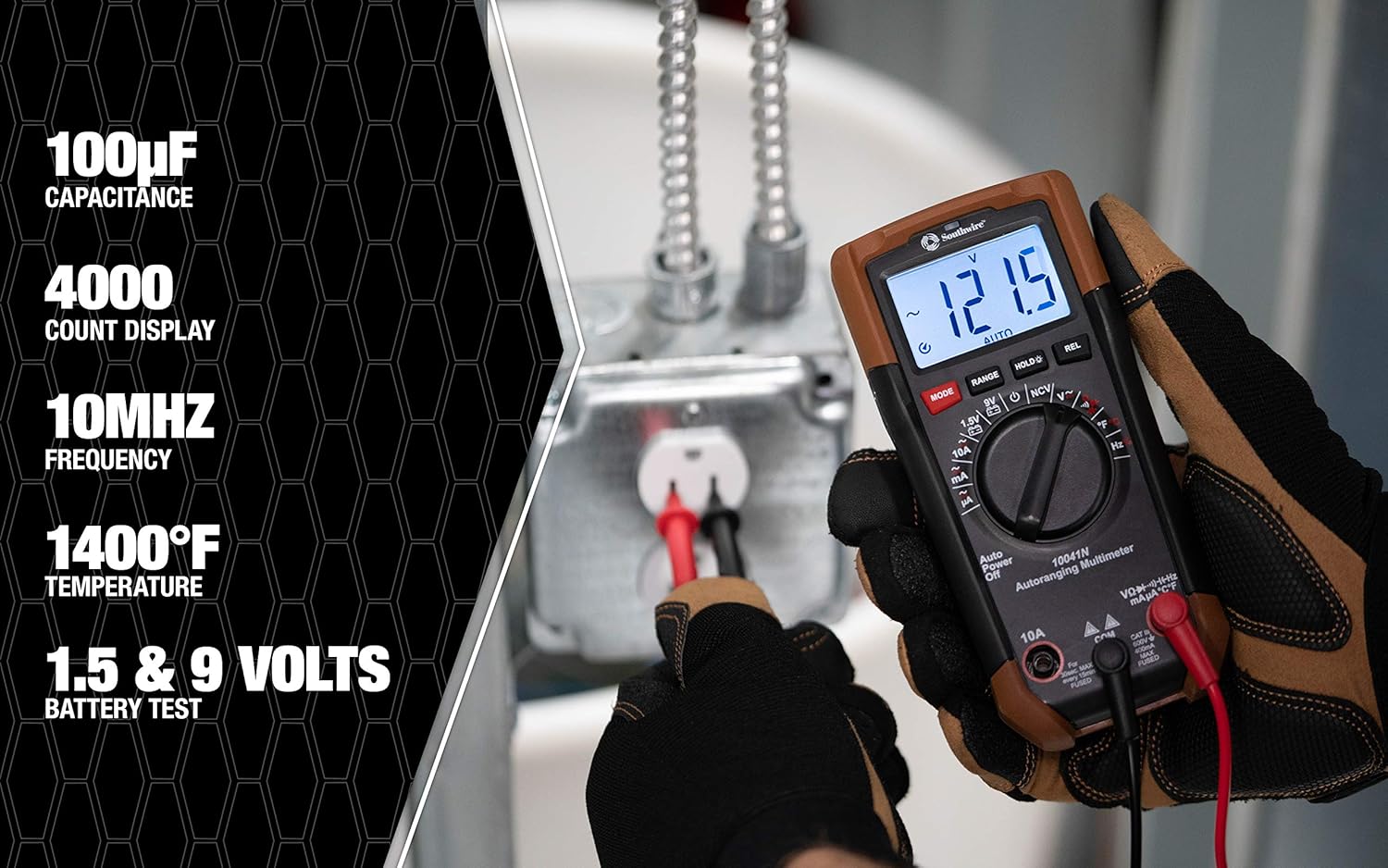 Southwire Auto Range Multimeter 10041N - Multi-Function Digital Multimeter with Backlit Display - Durable Double-Molded Housing - 12 Test Functions