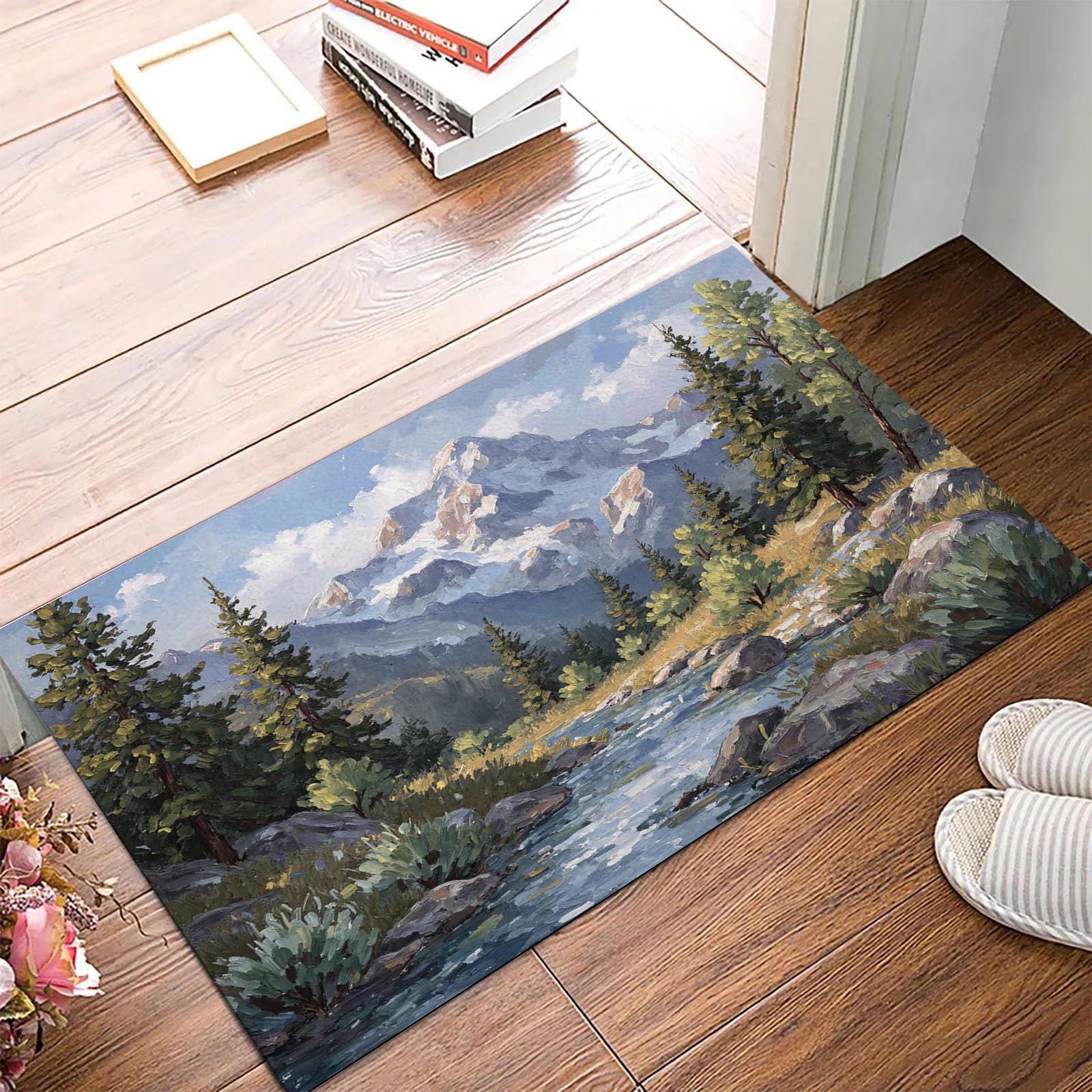Fußmatte Innen 80x120cm, Bergwälder Bäche rutschfeste Fußmatte für den Innenbereich, Retro-Schneelandschaft Fußabtreter Türmatte wasserabsorbierende Schmutzfangmatte, Türkis