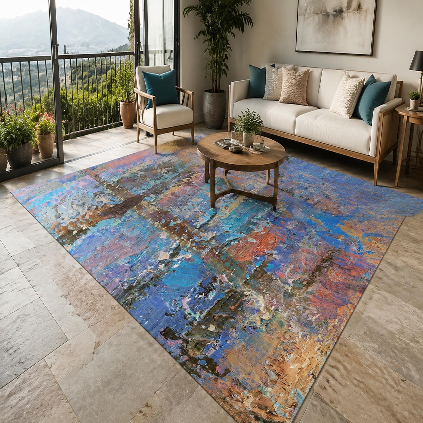Tappeti, Square 160 x 160 cm, Astratto Blu viola marrone rosa arancione bianco, Tappeto Salotto Lavabile, Carpet Soggiorno Decorazione sotto Tavolo Rug,