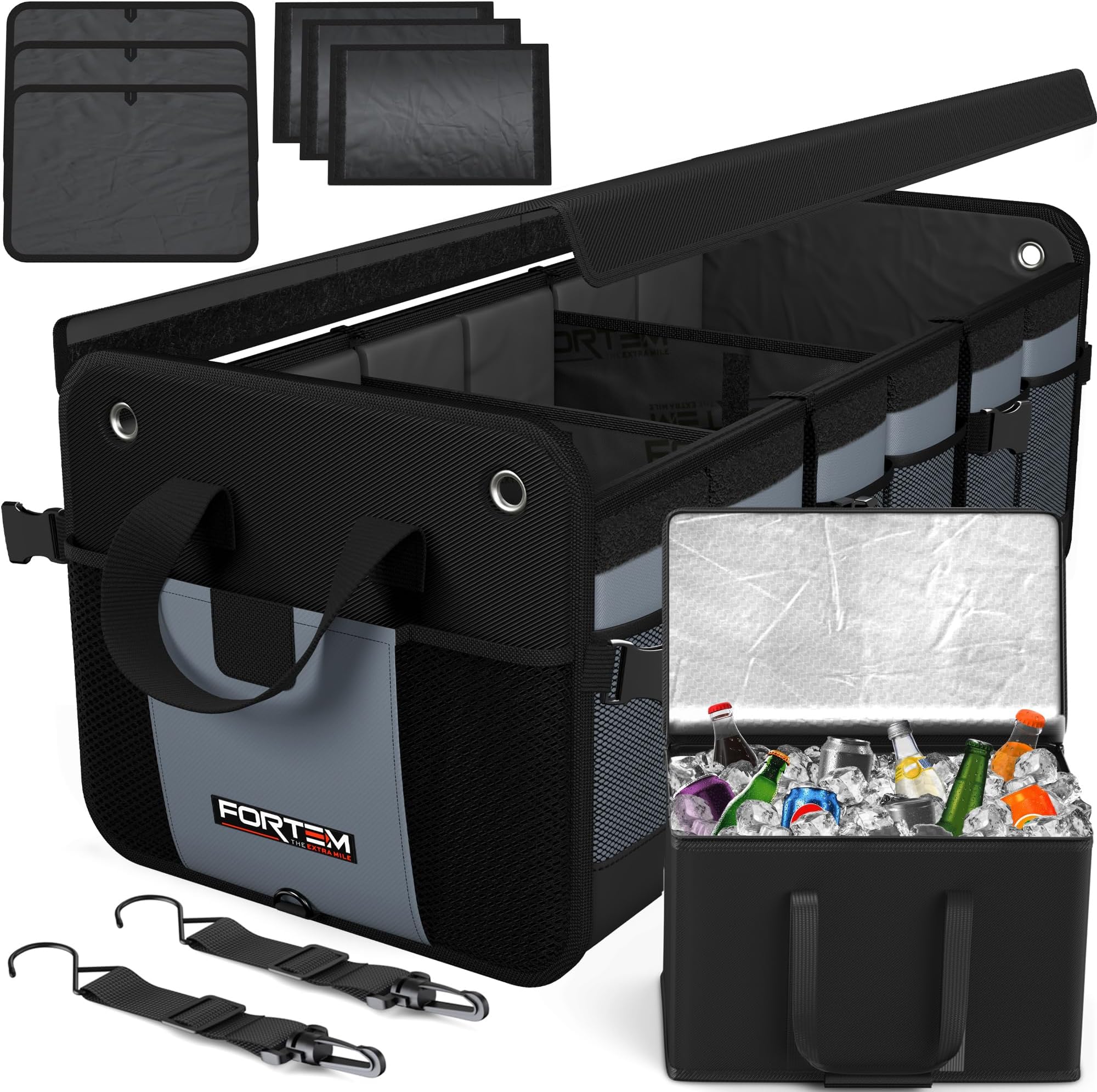 FORTEM Car Boot Organiser, SUV Boot Tidy, Trunk Storage, Collapsible Multi Compartment Car Organiser, Non Slip Bottom, Adjustable Securing Straps, Foldable Cover (110L)