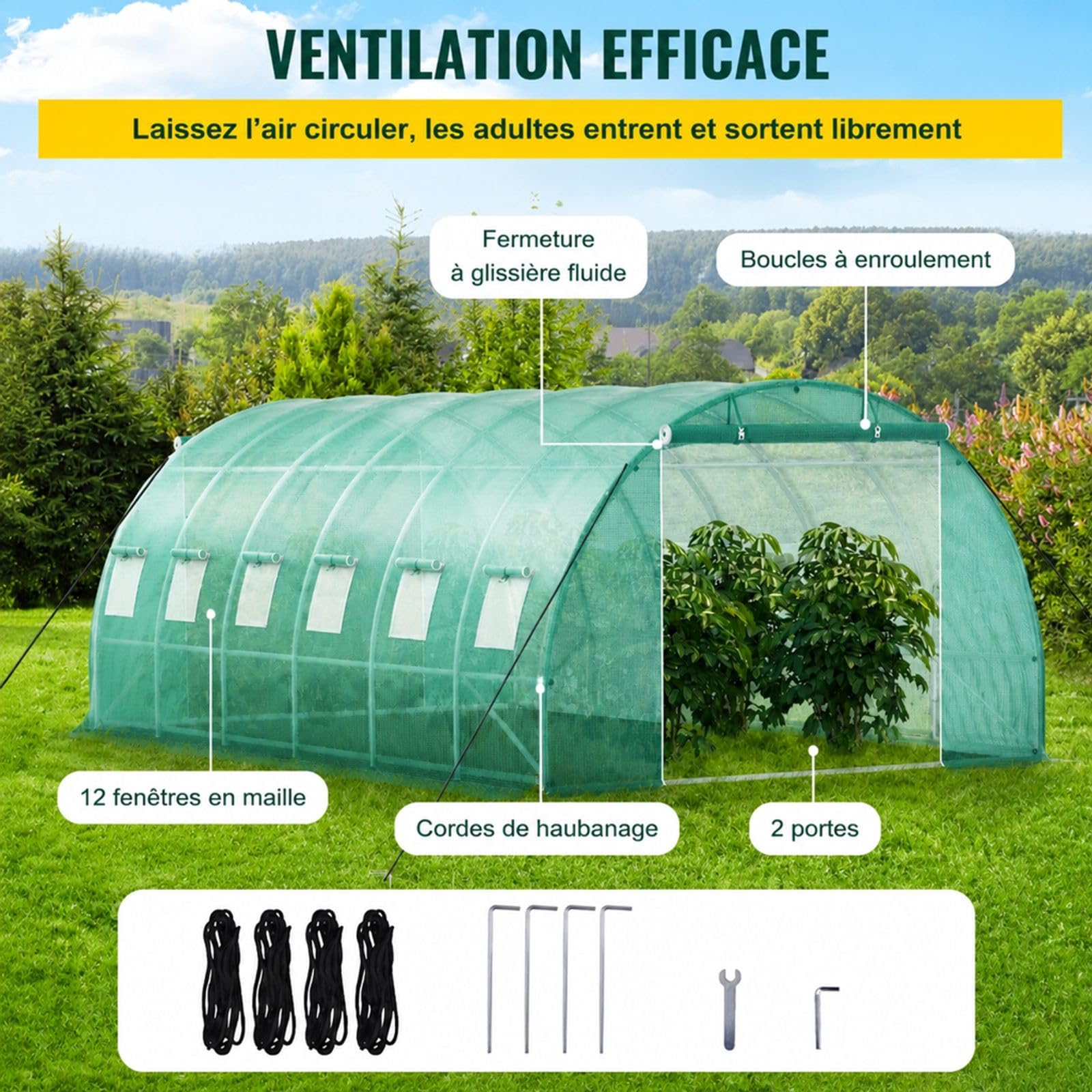 Serre Tunnel avec Cadre en Acier, Verte, 12 fenêtres, pour Plantes de Jardin