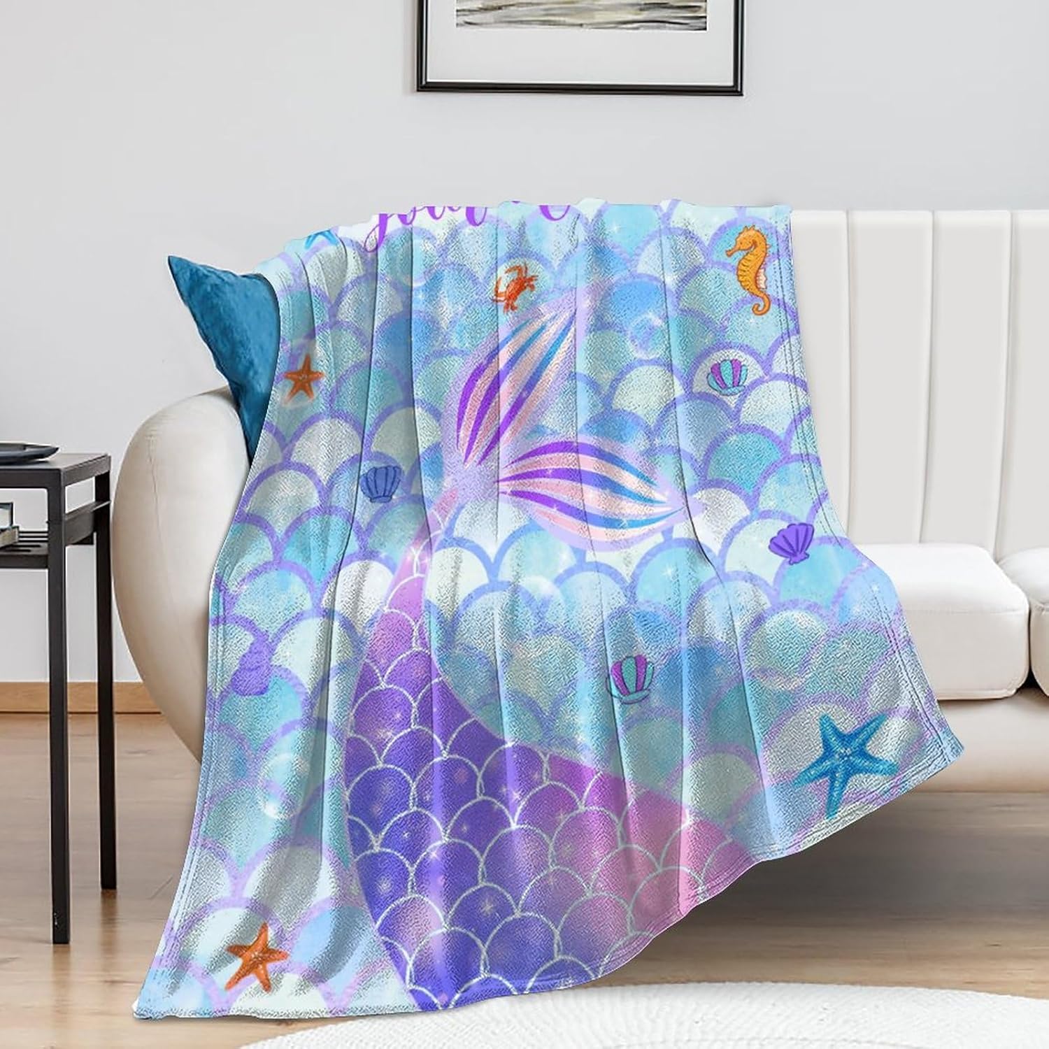 Personalized Mermaid Blanket for Girls Custom Name Receiving Swaddle Blanket Throw Fleece Blanket for Kids Newborn Toddler Customized Baby Blanket Little Mermaid Tail Blanket Birthday Gifts 40"x50"