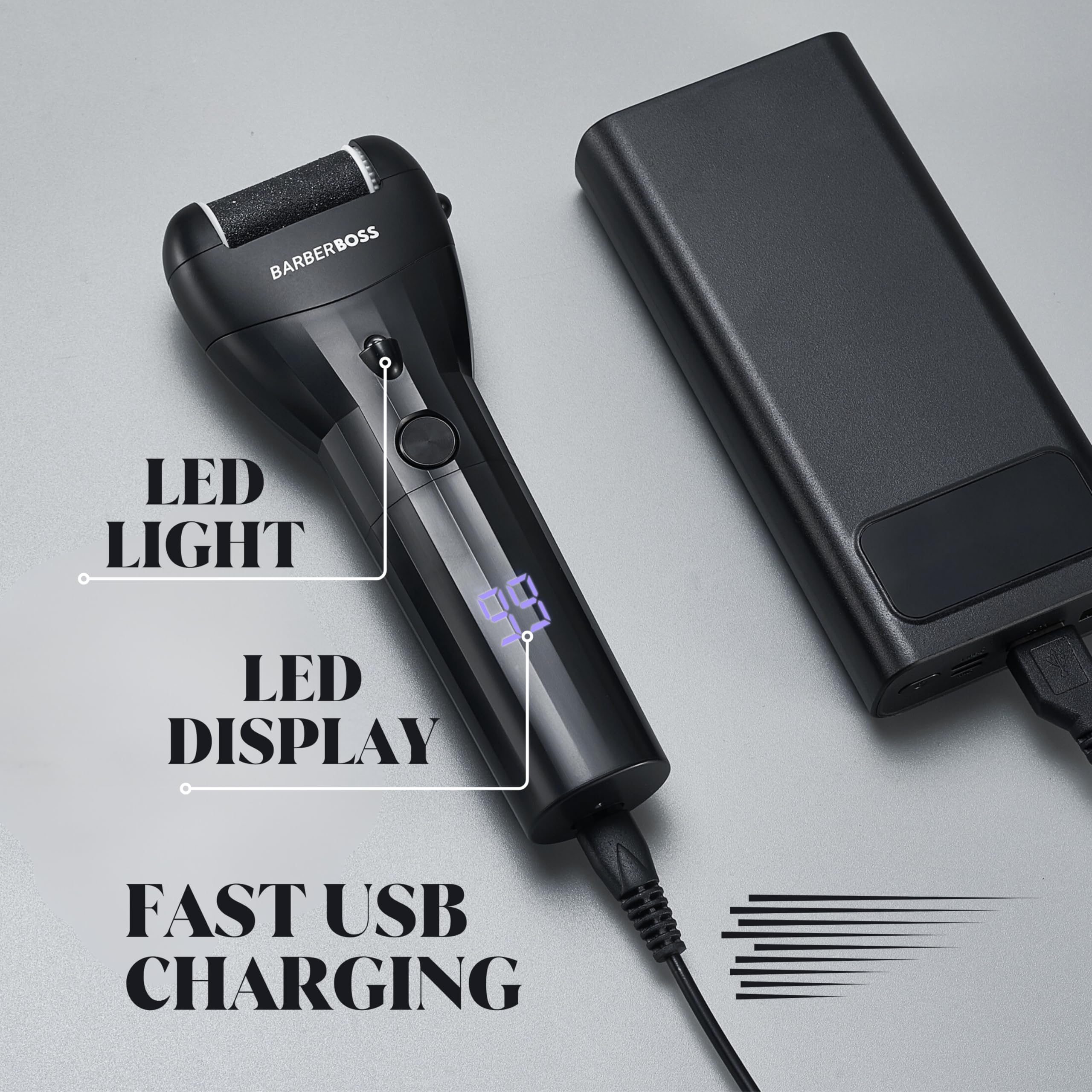 BarberBoss Lima eléctrica para pies, removedor de piel dura, removedor de callos inalámbrico, 3 cabezales de rodillo, herramienta de pedicura para pies lisos
