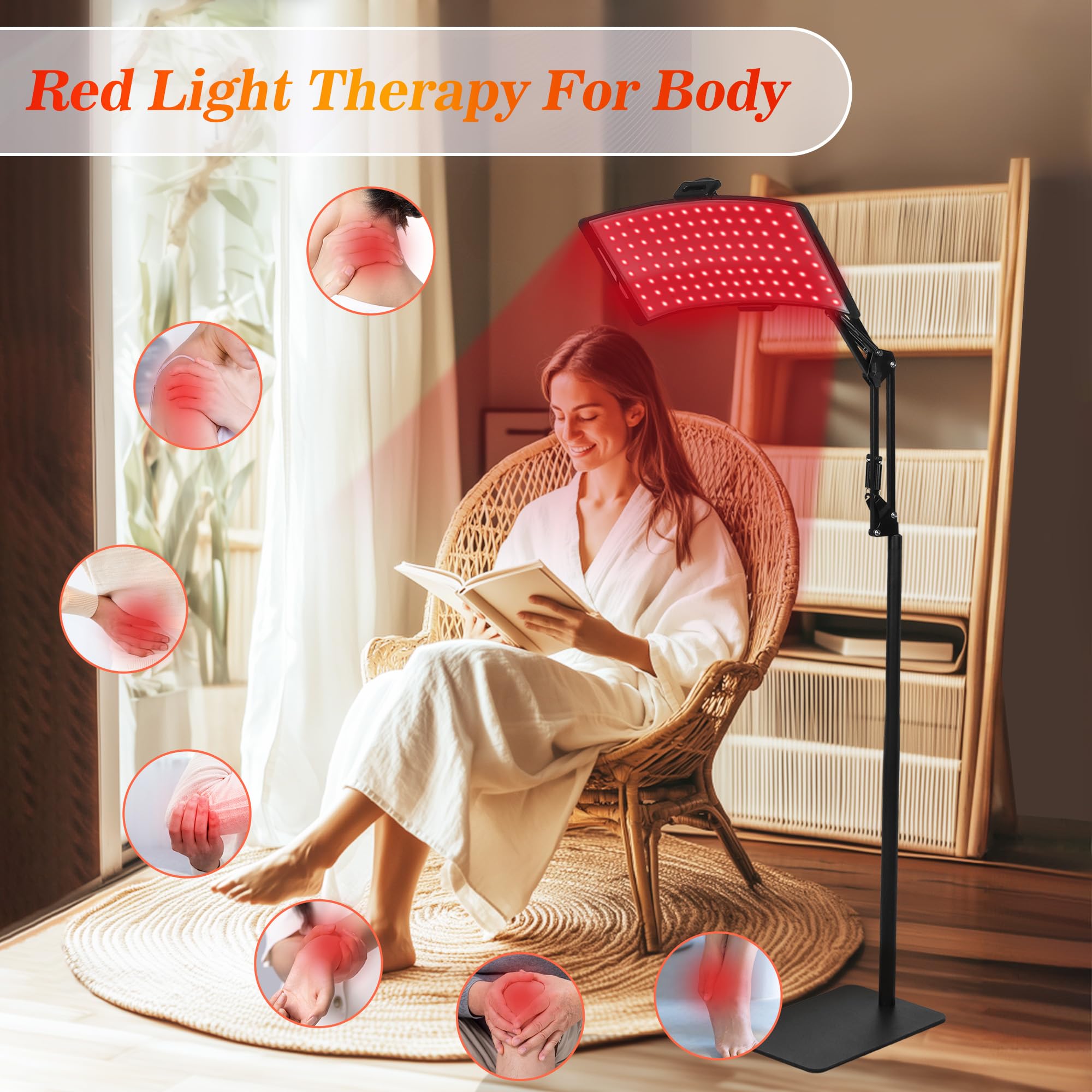 Lampe de luminothérapie rouge et infrarouge avec support - Longueur d'onde 660 nm/850 nm - Rotation à 360° - Minuteur - Hauteur réglable et luminosité pour une utilisation complète