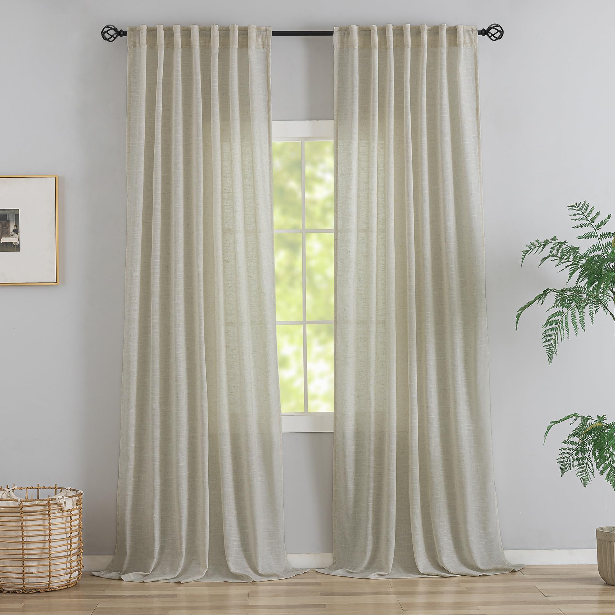 Back Tab Linen Curtains 96 Inches Long 2 Panels Country Farmhouse Curtains for Living Room,Hooks Belt Pinch Pleated Light Filtering Semi-Sheer Curtains for Patio Sliding Glass Door,8 FT Tall,Tan Beige