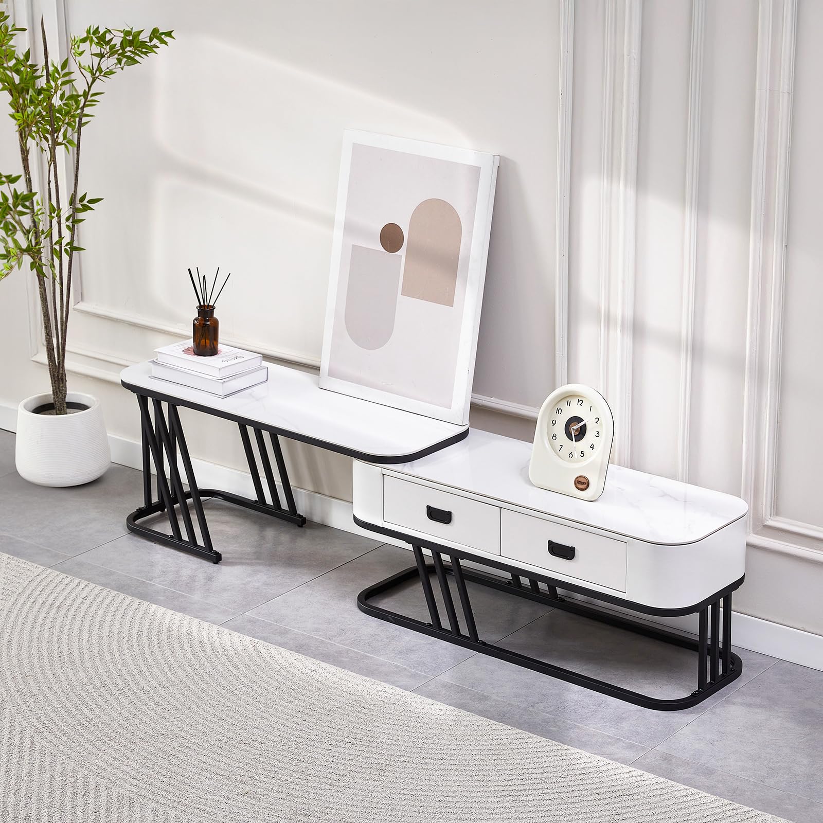 SHARPDO Mobile TV Basso e Lungo 180/140 cm, Design Moderno con Contenitore, Acciaio Nero e Pietra Sinterizzata Effetto Marmo, Stile Minimal per Soggiorno, Bianco