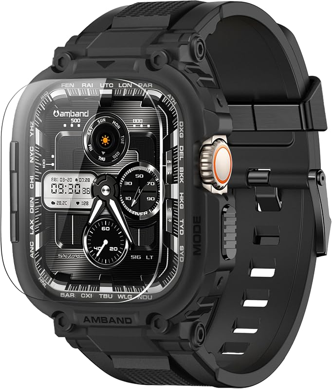 amBand Bands Estuche Protector de Pantalla Compatible con Apple Watch Ultra 3/2/1 49 mm para Hombres, Correa de Cubierta Resistente Serie M1 Sport y Vidrio Templado 9H, Parachoques Protector Militar para iWatch 49 mm Hombres Negro