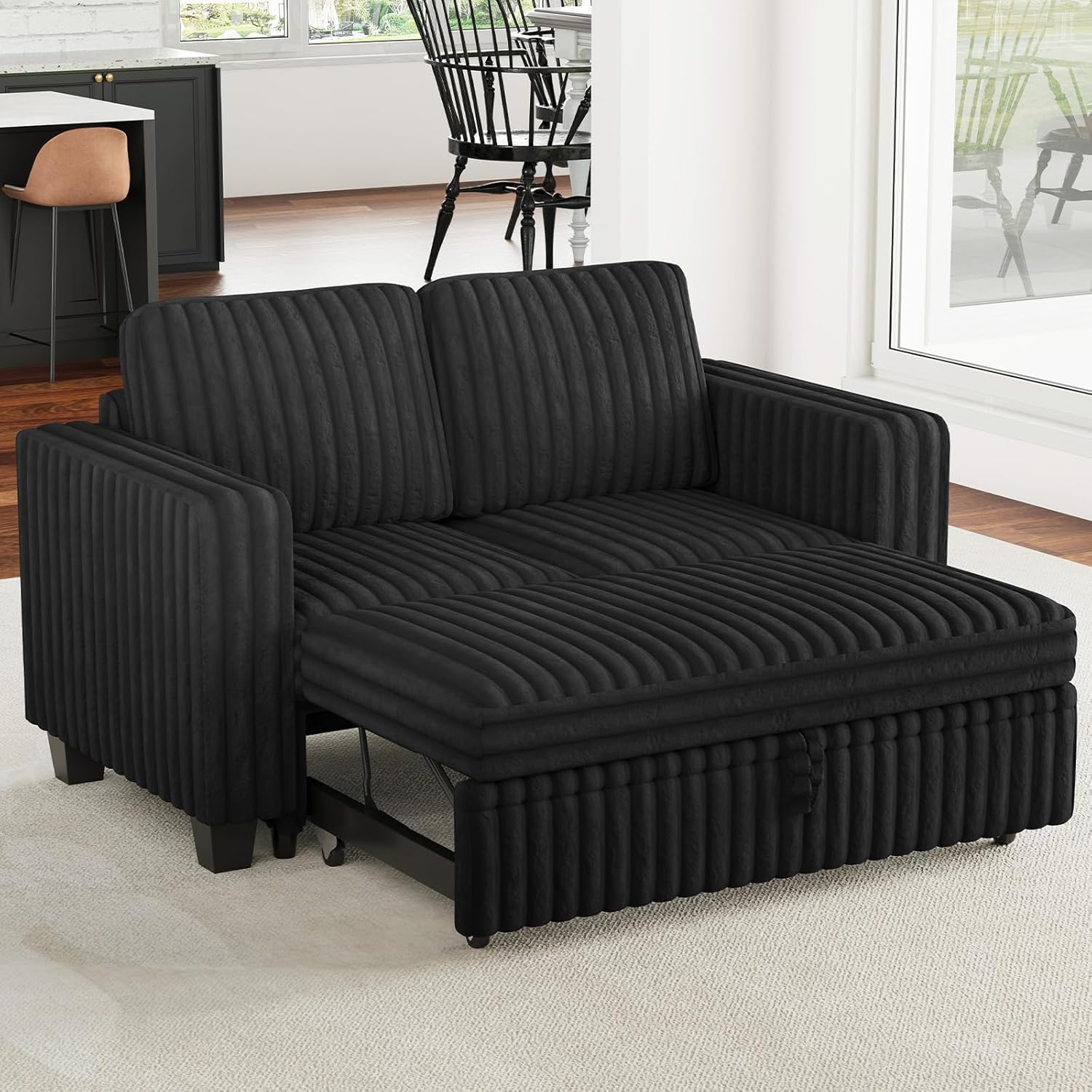 Belffin Corduroy Sectional Sleeper Sofa with Pull Out Bed Modular Sectional Loveseat Sofa Bed for Living Room Black Couch