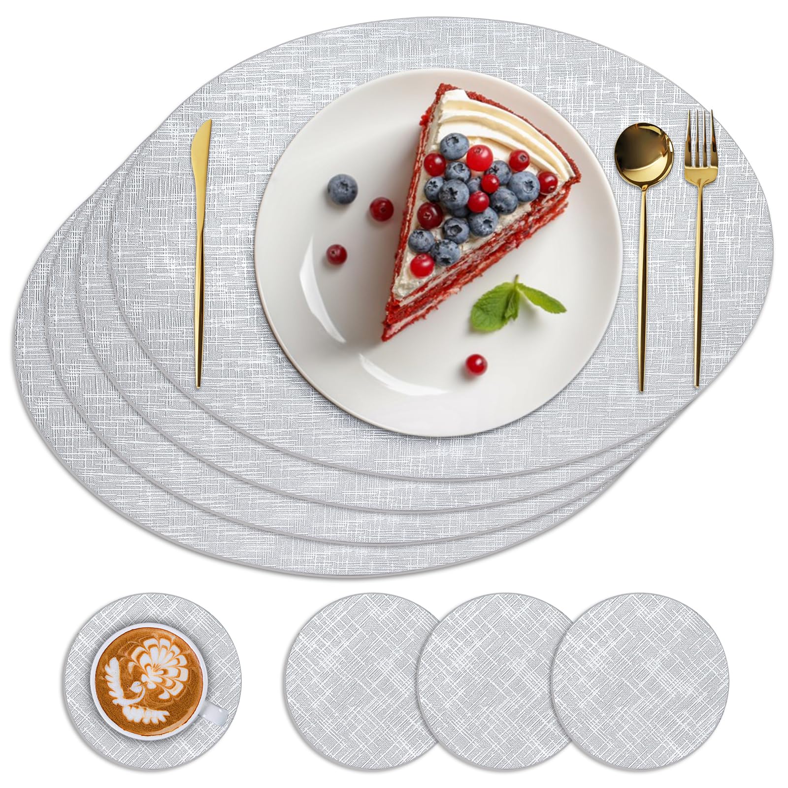 TOPAHGOD Place Mats for Table Set of 4, Heat Resistant Washable Leather PlaceMats and Coasters, Table Mats for Dining Non-Slip Stain Resistant Kitchen, Placemats Easy to Clean (Silver)