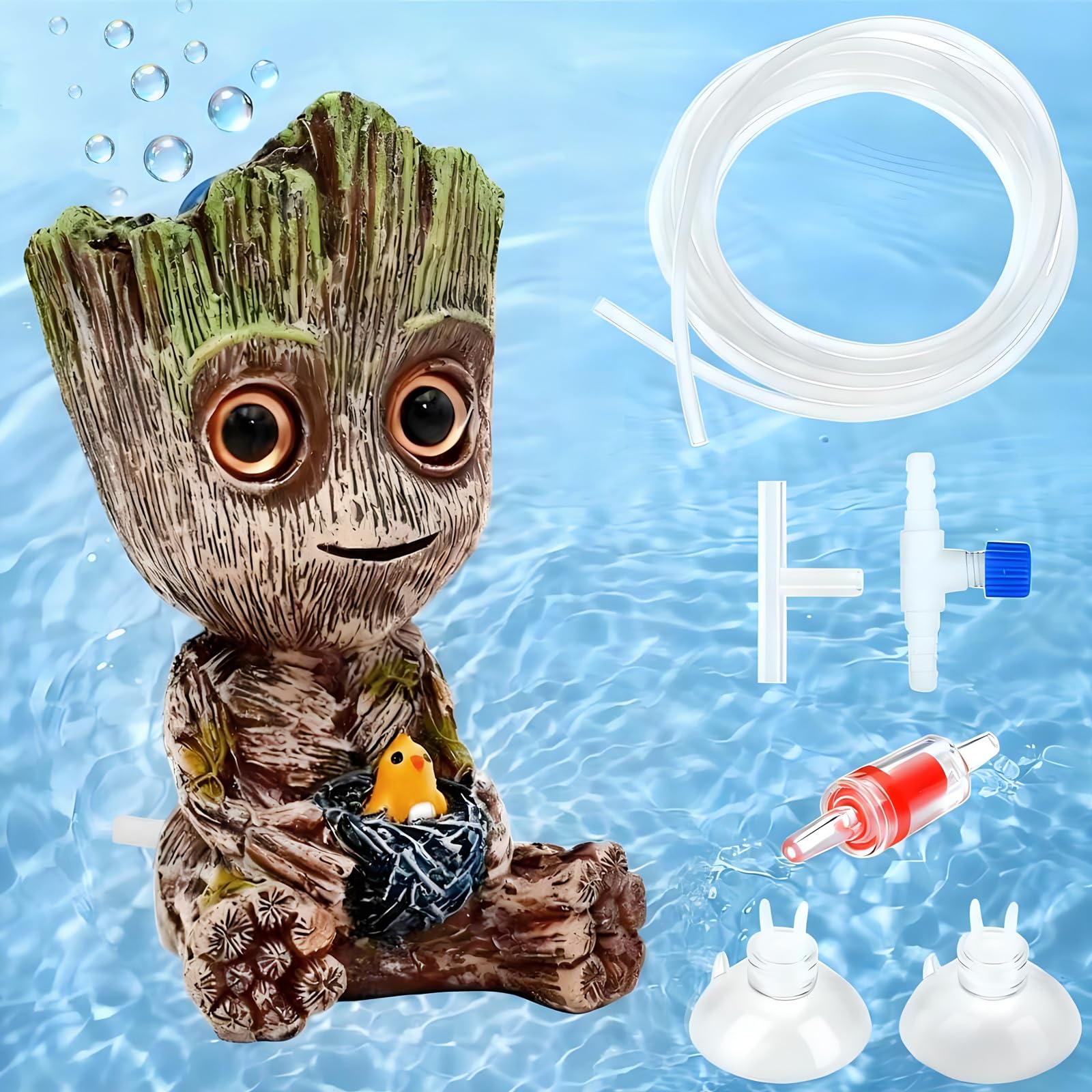 iTYOOS Aquarium Air stone with Accessories, Fish Tank Bubbler Accessories, Groot Air Stone, Aquarium Ornaments Groot Decorations For Fish Tank Landscaping, Habitat for Small Fish and Shrimp