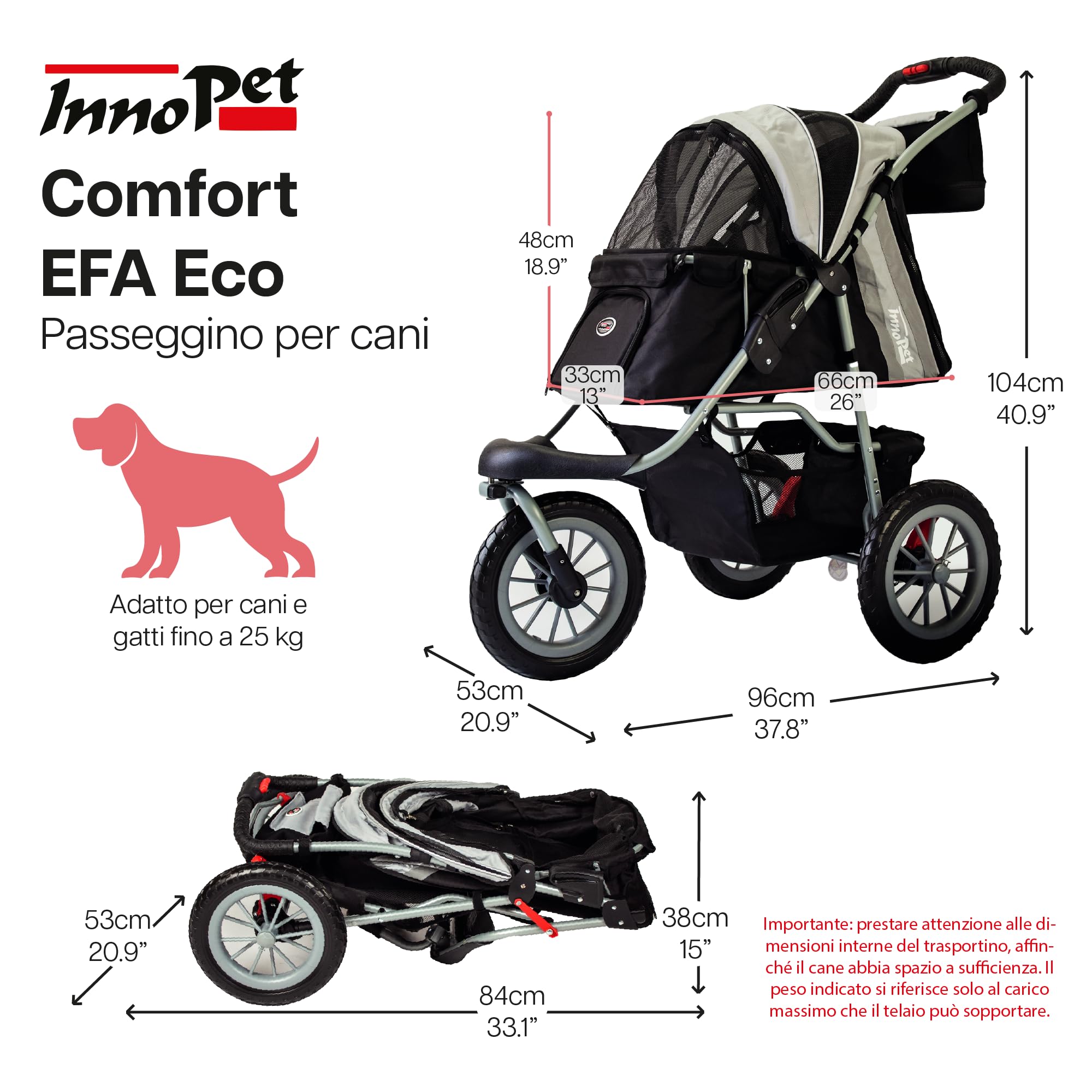 Innopet Comfort Efa Eco Nero/Argento - Passeggino per cani e gatti pieghevole con una sola mano, ruote antiforatura, capacità di 25 kg - Cestello portaoggetti e design a 3 ruote facile da installare