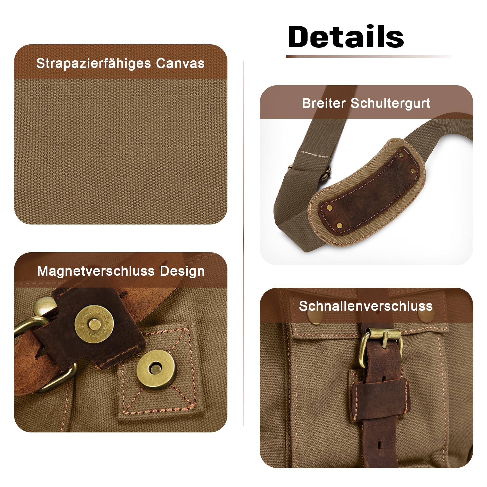 VARLIVOO Umhängetasche für Herren, Vintage Canvas Schultertasche Messenger bag, Große 15" Zoll Laptoptaschen Arbeitstasche für Arbeit Reisen Schule Braun A
