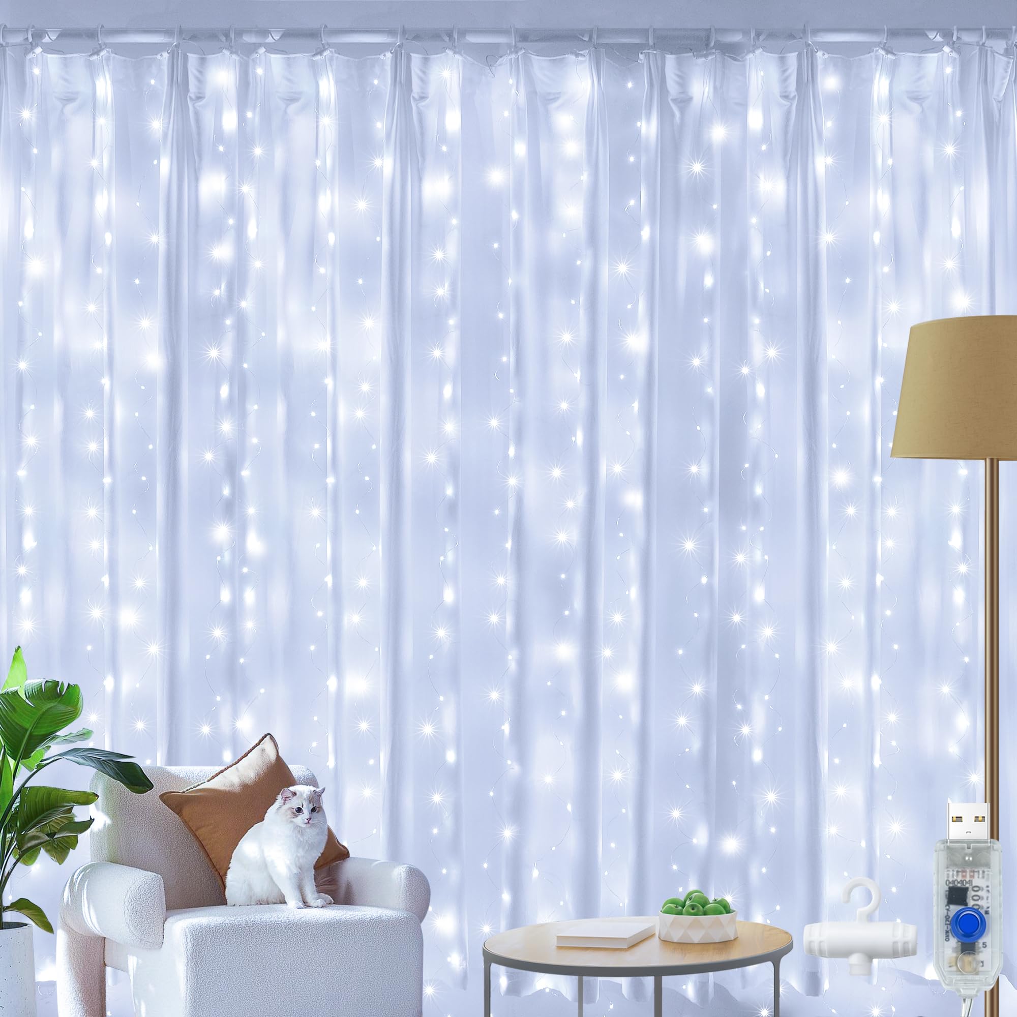 Ollny LED Lichtervorhang 2x2m, 200 LEDs Lichtervorhang innen USB kaltweiß, Lichterkette Vorhang fenster mit 10 Haken, für innen und außen Ramadan Deko Hochzeit Party Wand Balkon(kein Stecker)