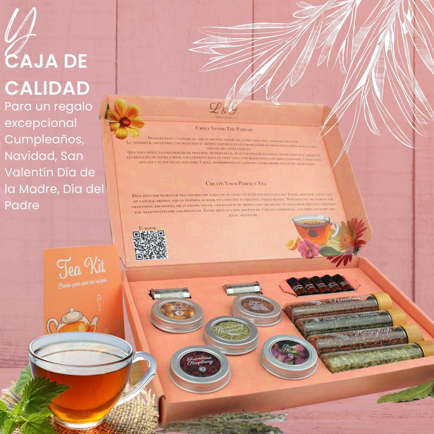 L&G® - Kit té preparación y degustación - Honeybush, Rooibos, Sancha Green, Maté - Infusores incluidos - Set de té DIY - Regalar Navidad, cumpleaños - Made in France - Ingredientes de calidad