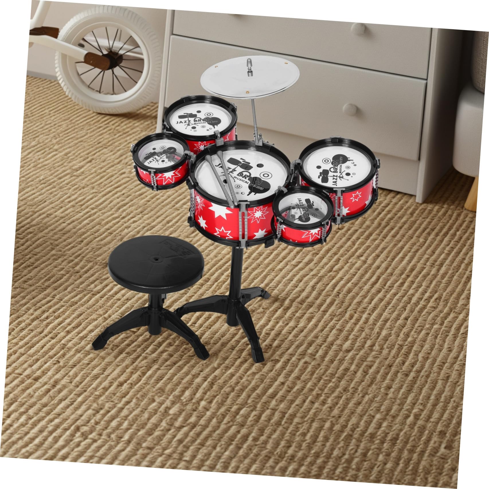 Piccola Batteria Giocattolo per Bambini e Piccoli, Plastico Rosso, Costruzione Robusta, Strumento Musicale Multifunzione per Giochi Educativi