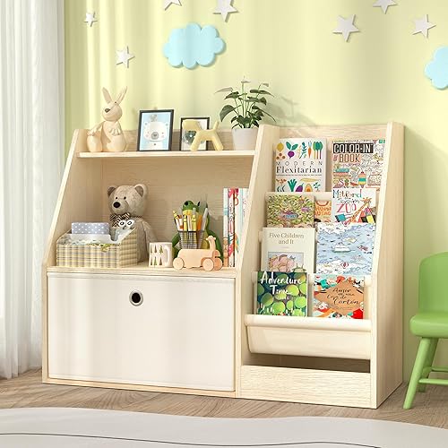 TOETOL Estantería y almacenamiento de libros para niños, estante de madera con 4 eslingas para libros pequeños, estantería abierta de madera de 2