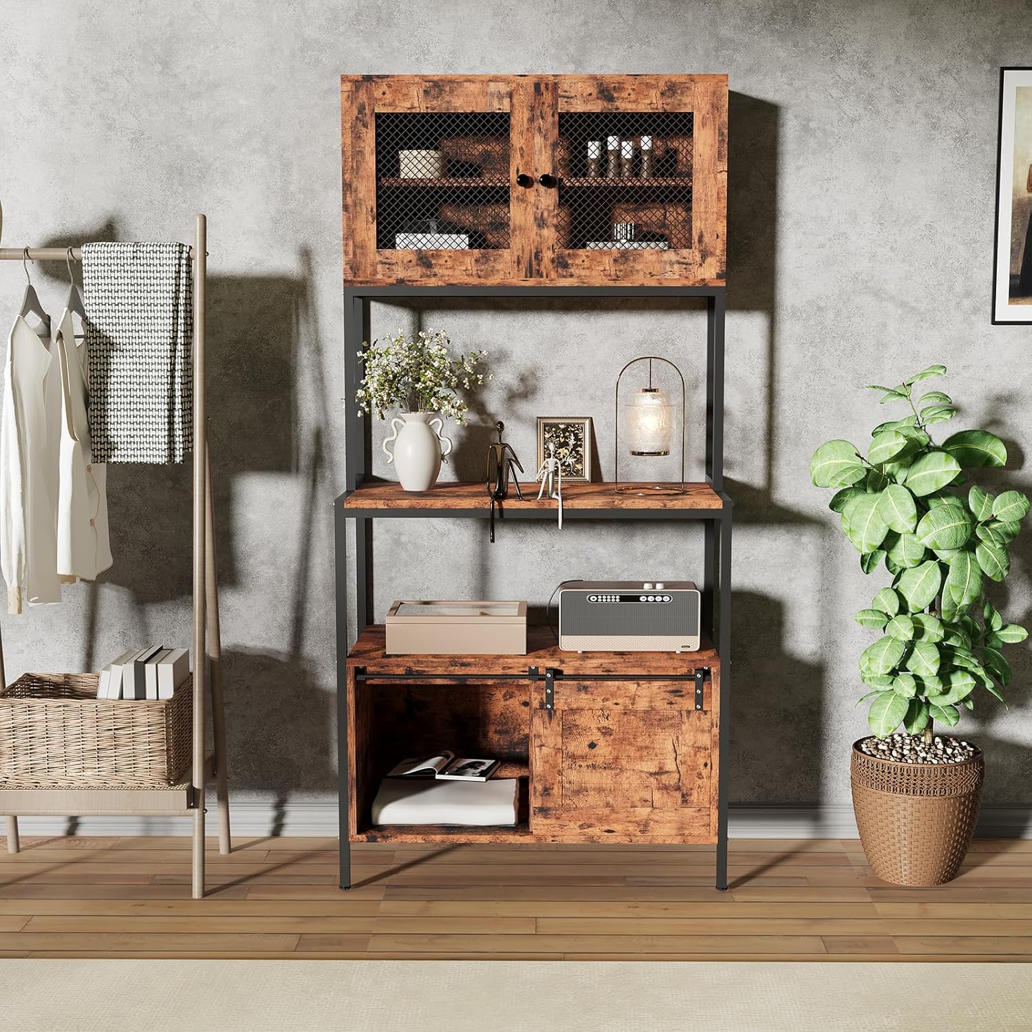 6 Tier Bakers Rack, Kitchen Coffee Bar Microwave Stand Rack with Storage Cabinet Shelves and Power Outlet, Vintage Brown